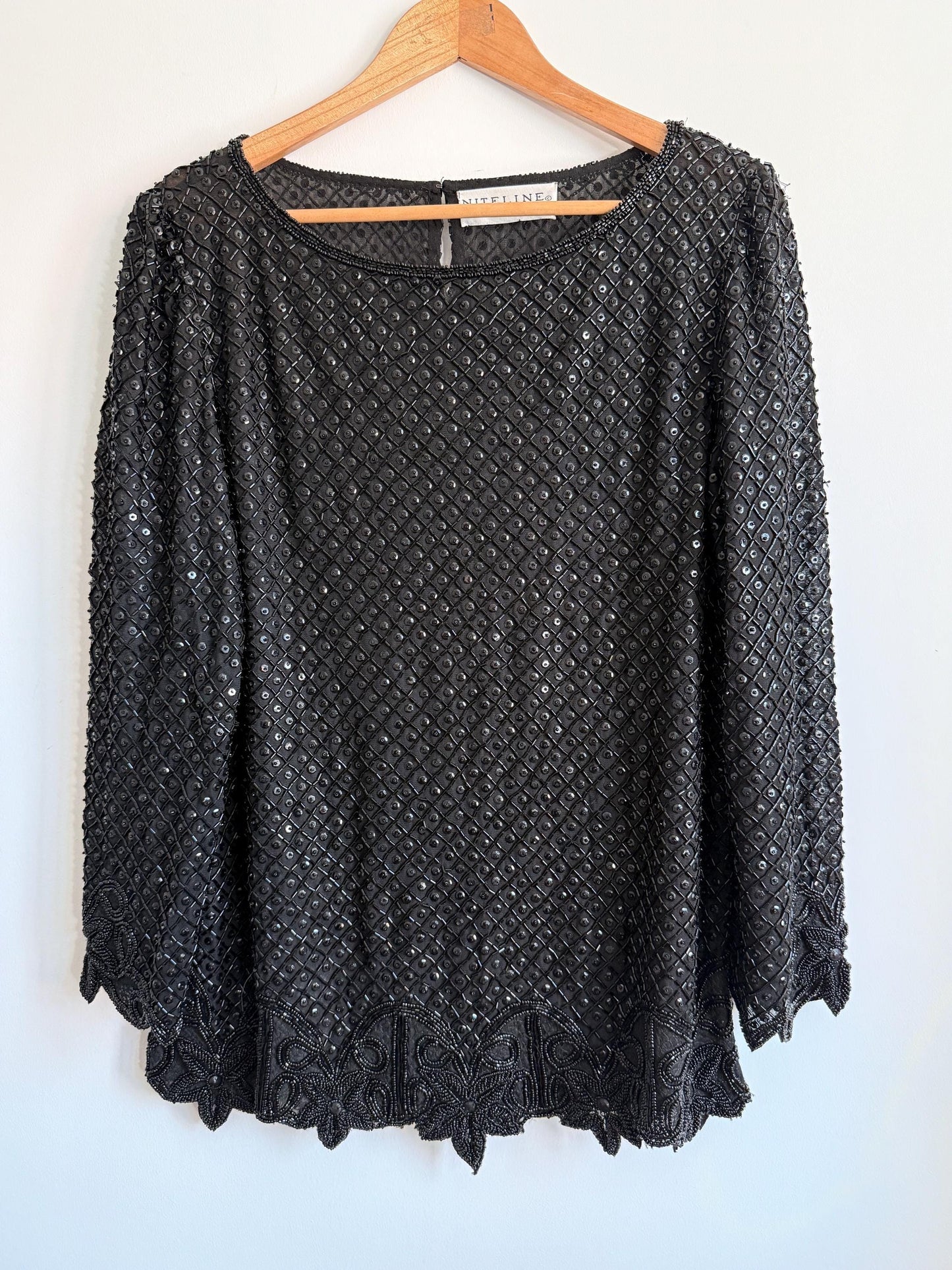 Vintage Niteline by Della Roufogali Black Beaded Evening Top Sequin Blouse 1980s Cocktail Party Top Art Deco Beaded Blouse Glamorous Vintage