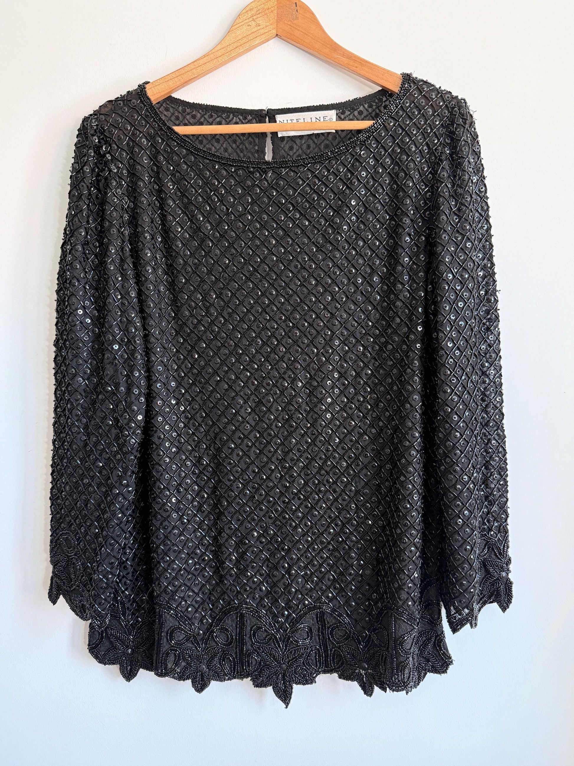 Vintage Niteline by Della Roufogali Black Beaded Evening Top Sequin Blouse 1980s Cocktail Party Top Art Deco Beaded Blouse Glamorous Vintage