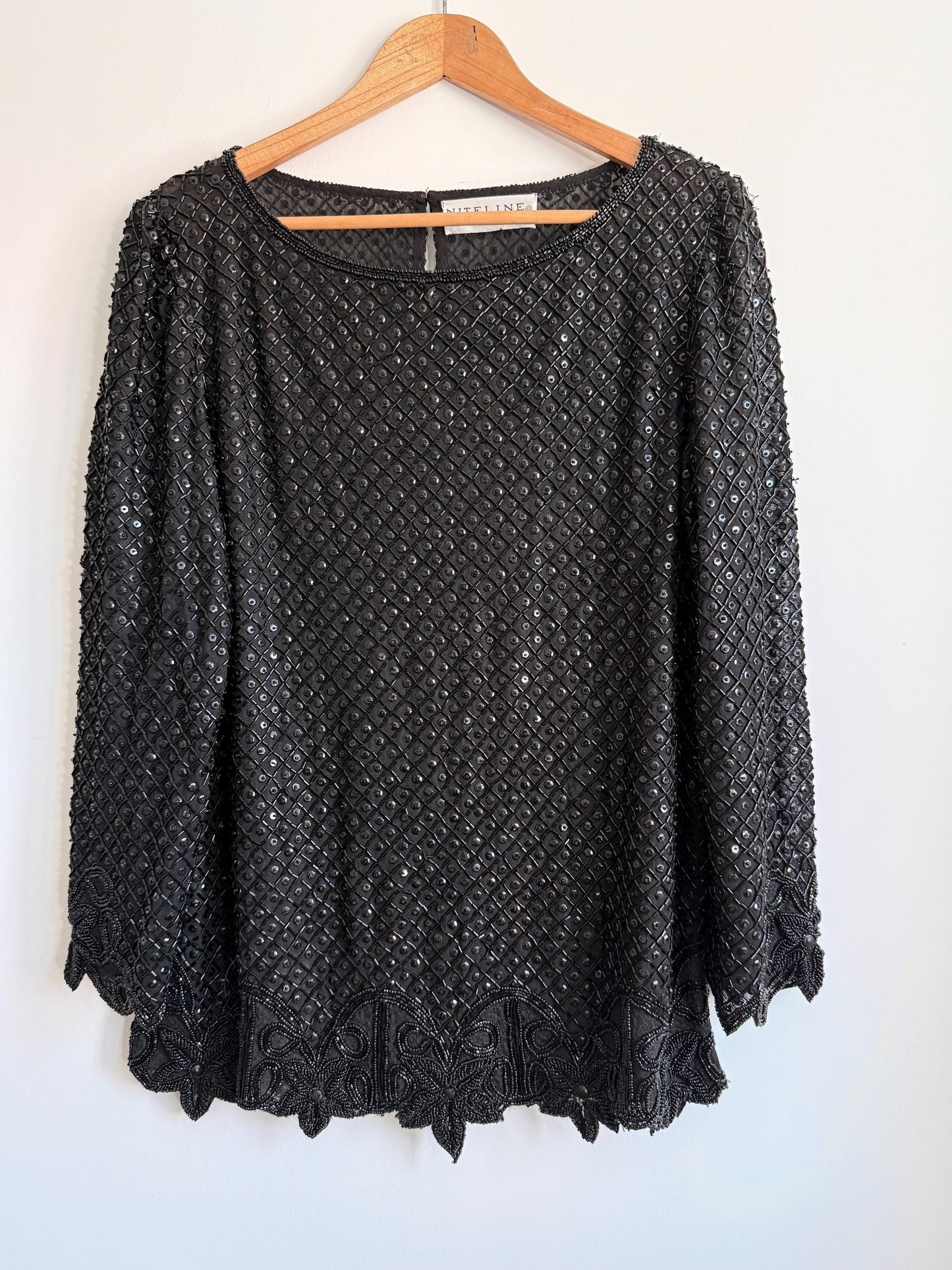 Vintage Niteline by Della Roufogali Black Beaded Evening Top Sequin Blouse 1980s Cocktail Party Top Art Deco Beaded Blouse Glamorous Vintage