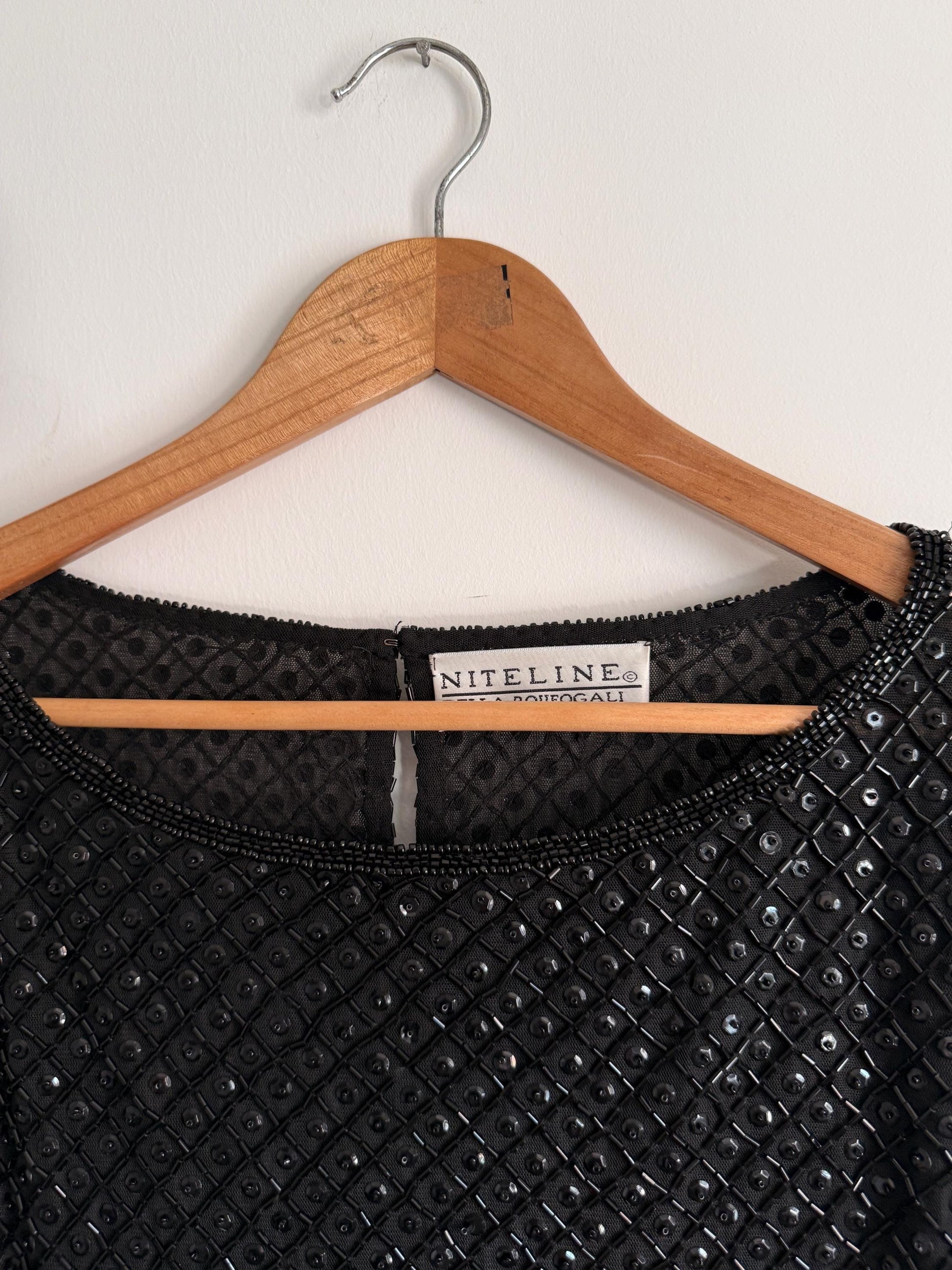 Vintage Niteline by Della Roufogali Black Beaded Evening Top Sequin Blouse 1980s Cocktail Party Top Art Deco Beaded Blouse Glamorous Vintage