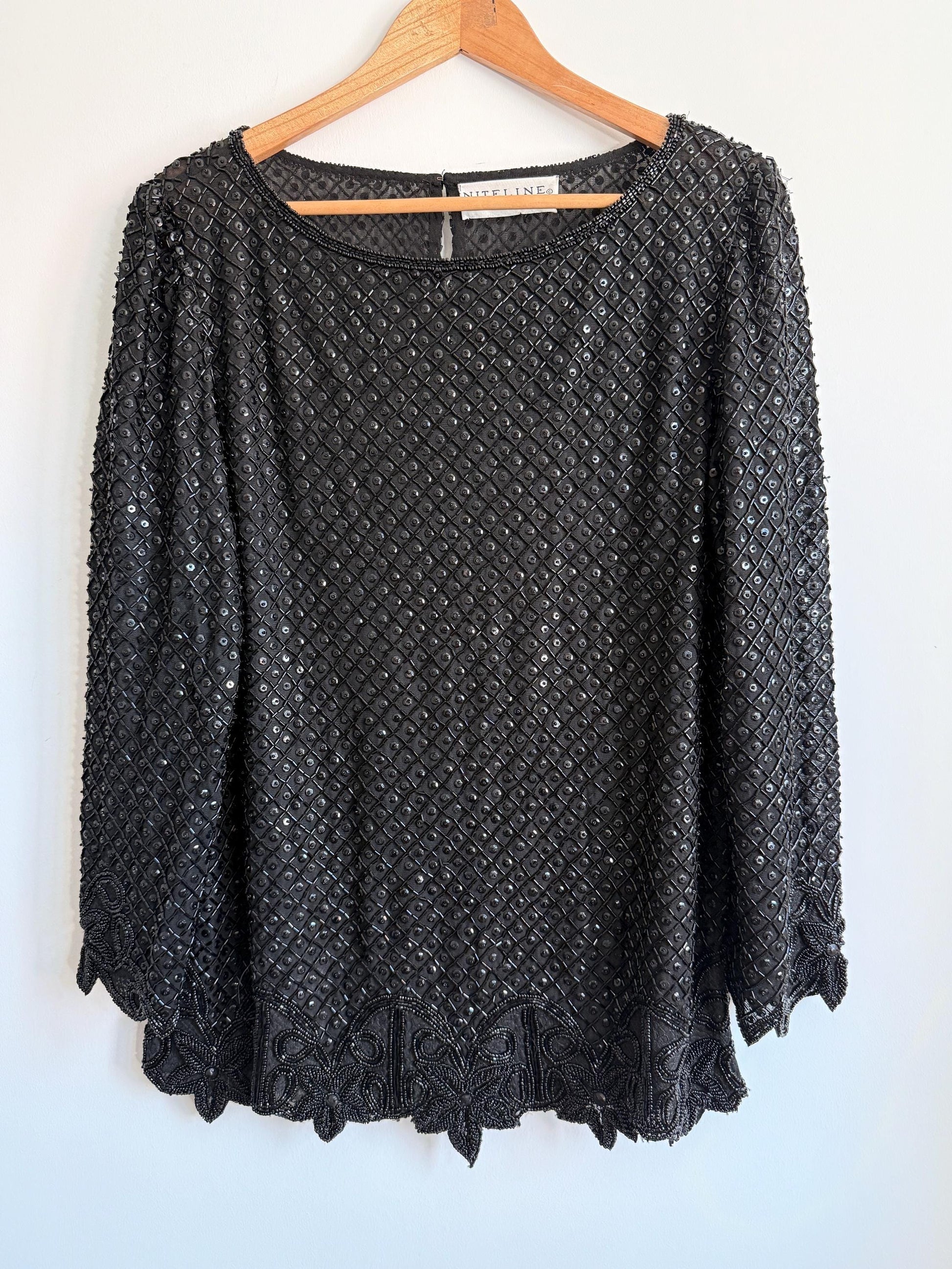 Vintage Niteline by Della Roufogali Black Beaded Evening Top Sequin Blouse 1980s Cocktail Party Top Art Deco Beaded Blouse Glamorous Vintage