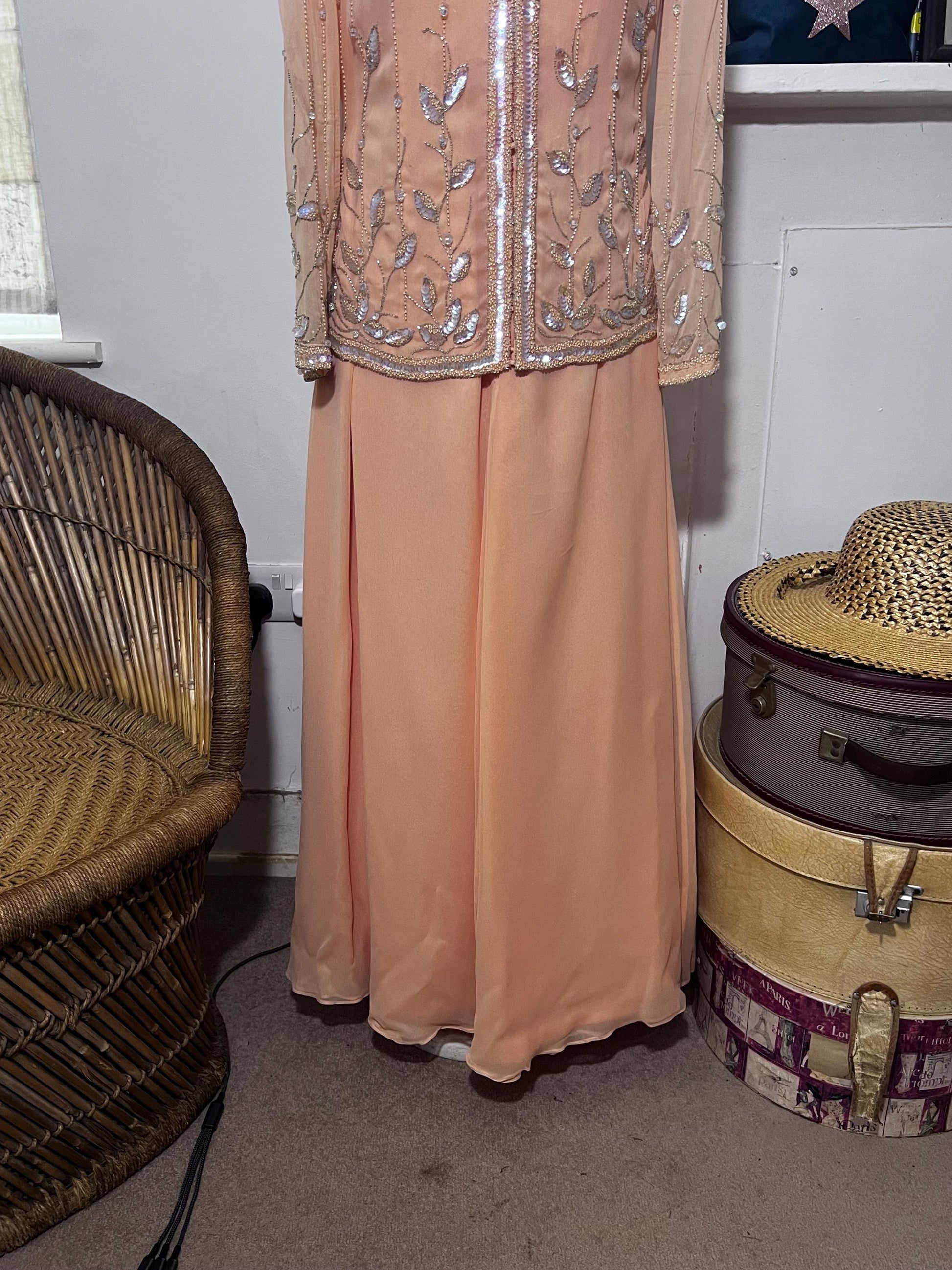 Norman Harntell peach silk chiffon dress ensemble with silver beading and sequins ready to wear 1970s labels