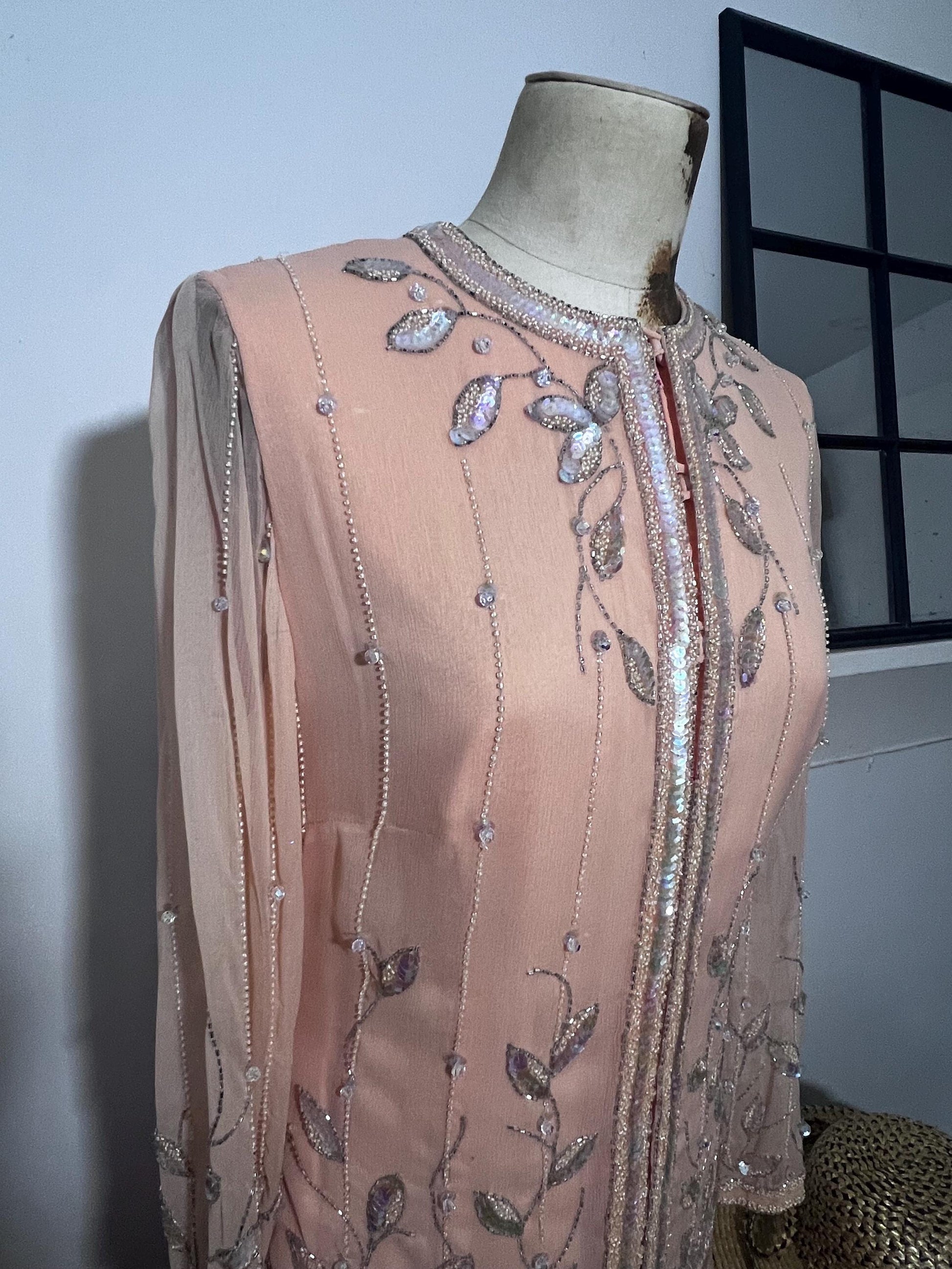 Norman Harntell peach silk chiffon dress ensemble with silver beading and sequins ready to wear 1970s labels