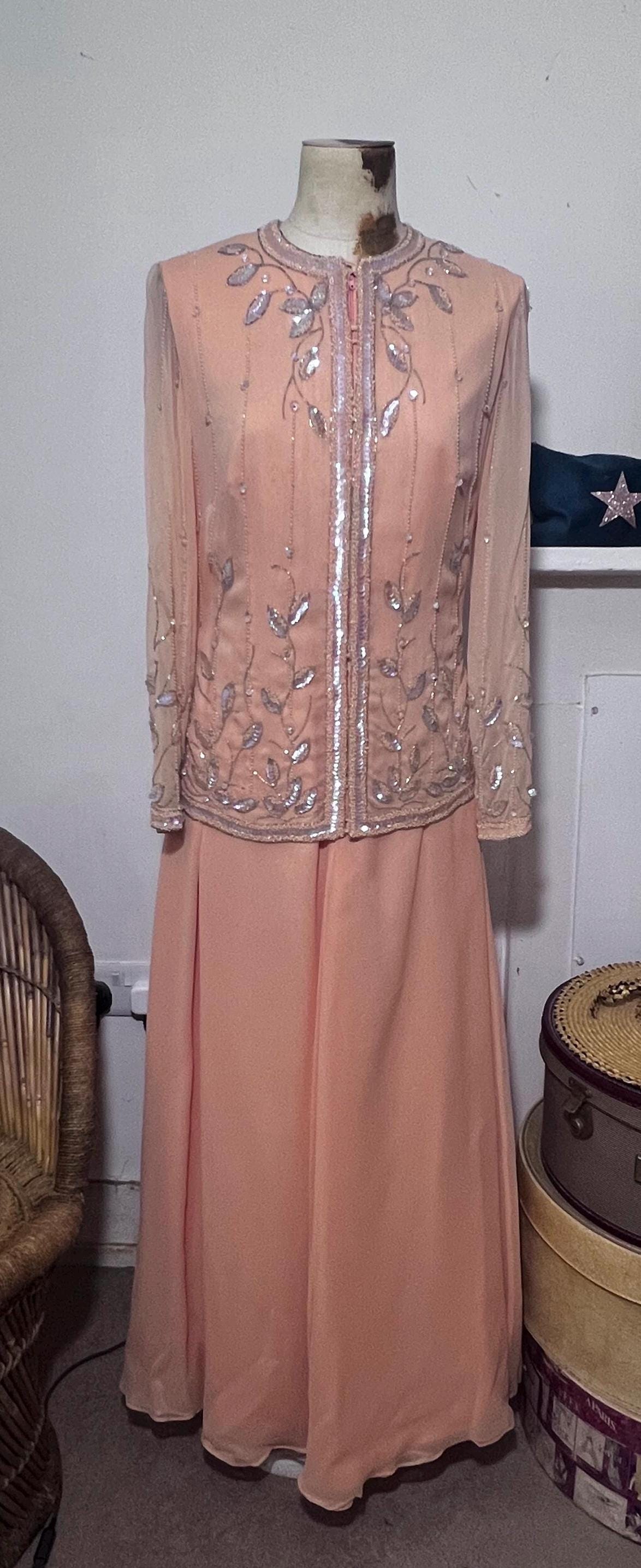 Norman Harntell peach silk chiffon dress ensemble with silver beading and sequins ready to wear 1970s labels