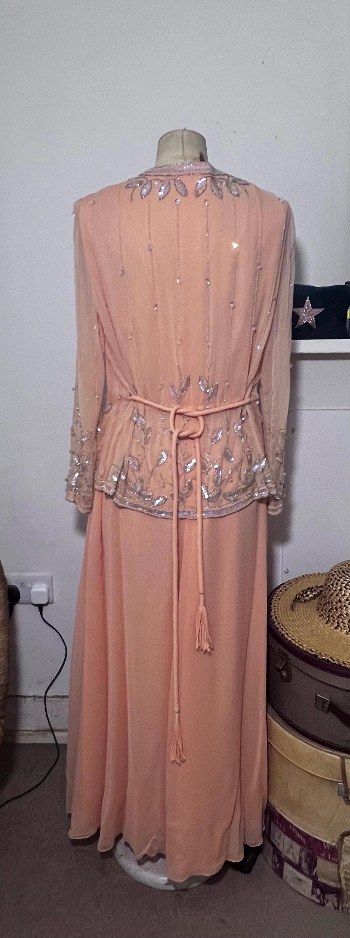 Norman Harntell peach silk chiffon dress ensemble with silver beading and sequins ready to wear 1970s labels
