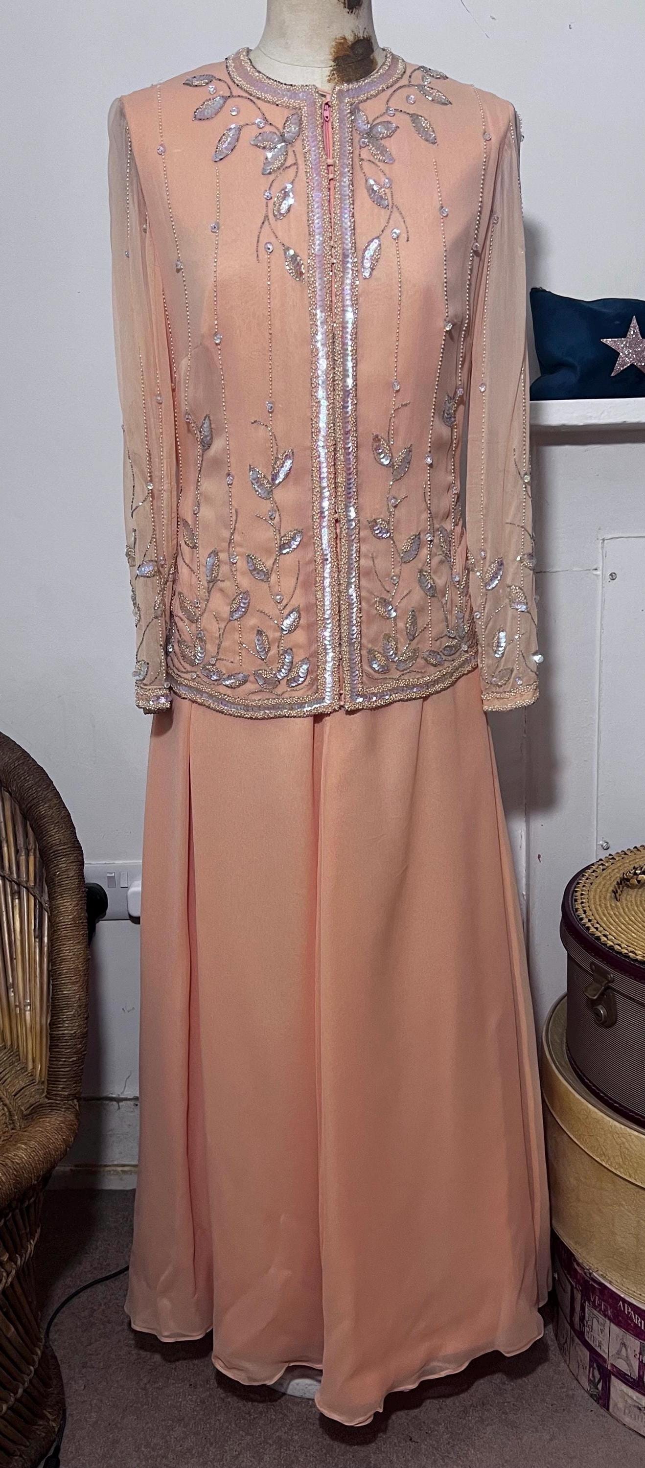 Norman Harntell peach silk chiffon dress ensemble with silver beading and sequins ready to wear 1970s labels