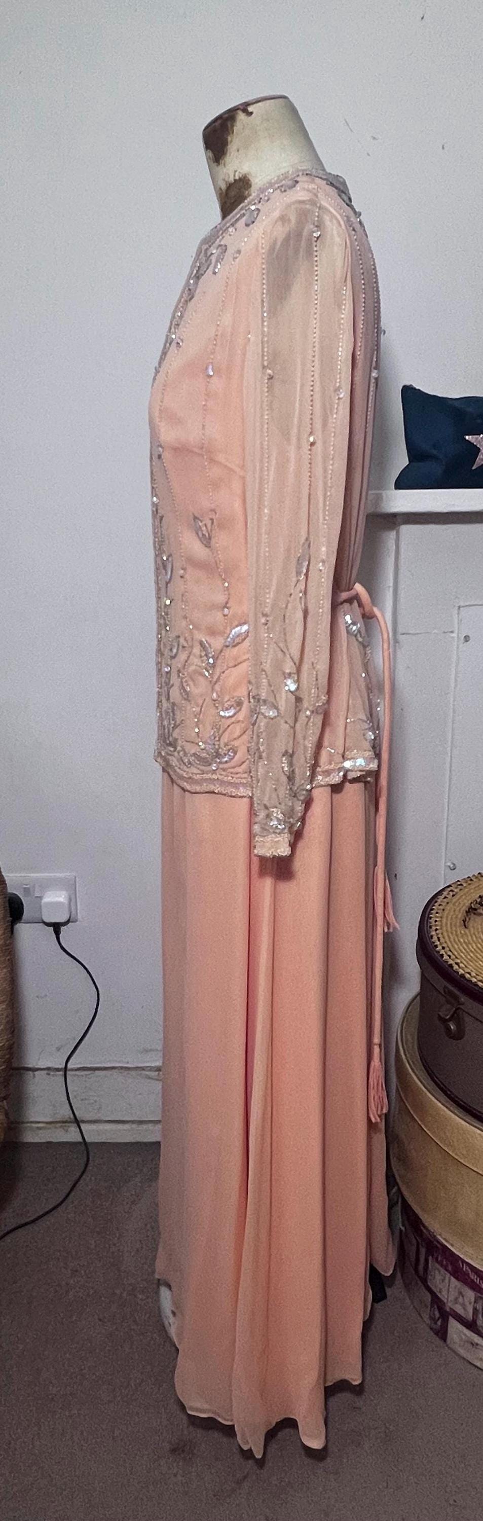 Norman Harntell peach silk chiffon dress ensemble with silver beading and sequins ready to wear 1970s labels