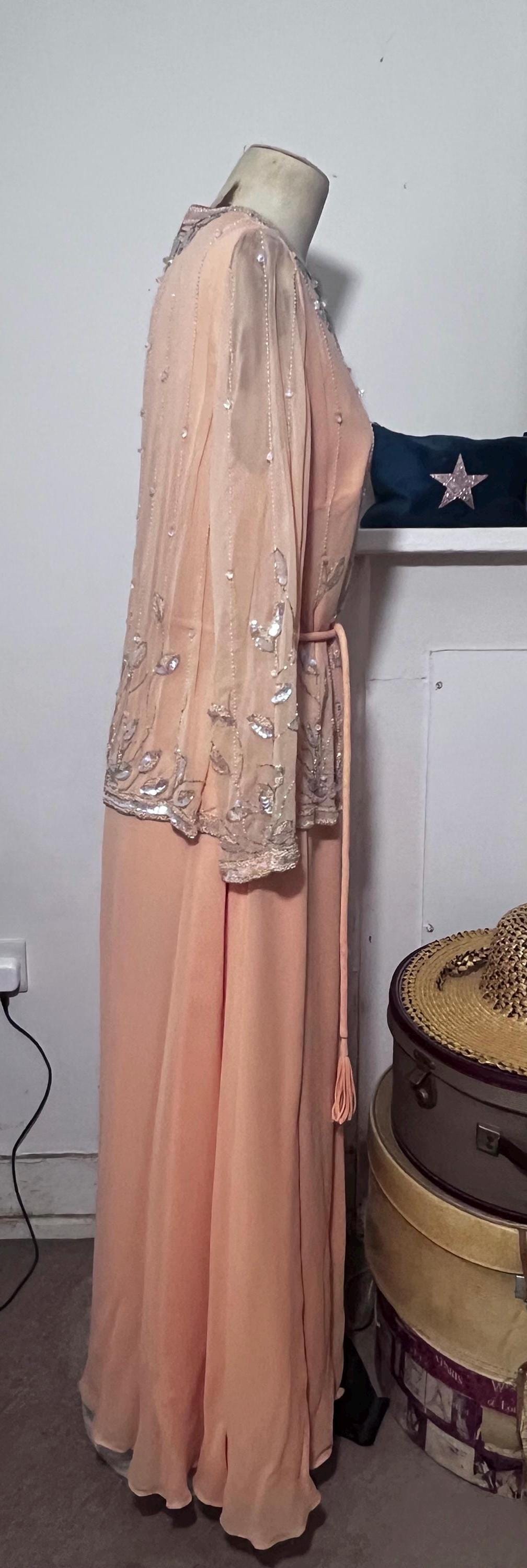 Norman Harntell peach silk chiffon dress ensemble with silver beading and sequins ready to wear 1970s labels
