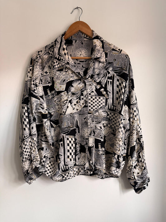Vintage Novelty Print Blouse | 90s Playing Cards Chess Print Shirt | Black & White Oversized Button Up | Alice in Wonderland Aesthetic Top