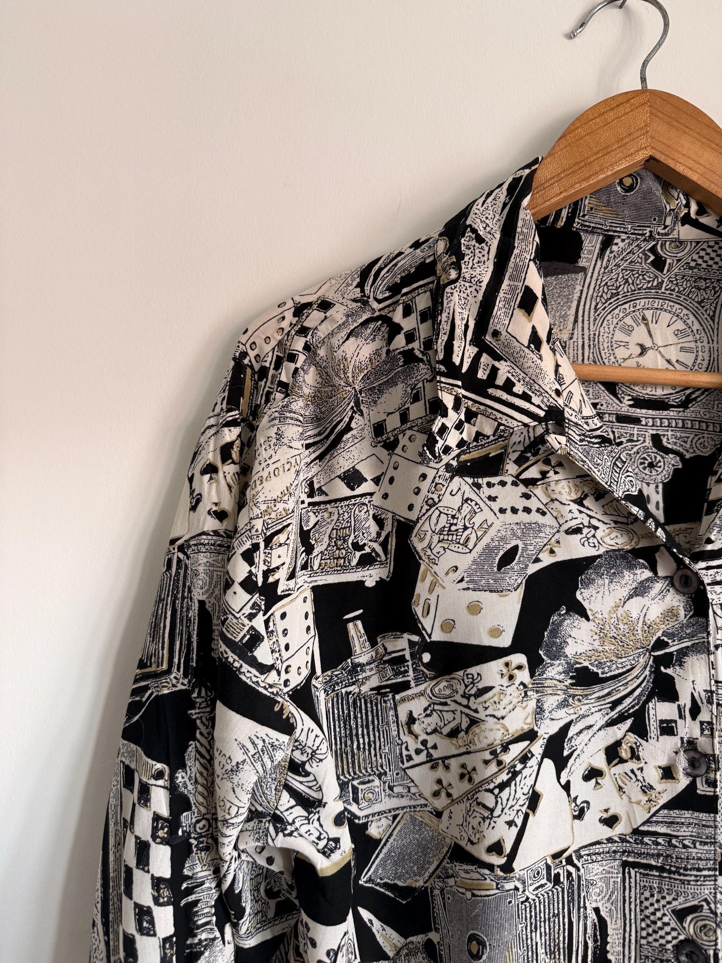 Vintage Novelty Print Blouse | 90s Playing Cards Chess Print Shirt | Black & White Oversized Button Up | Alice in Wonderland Aesthetic Top
