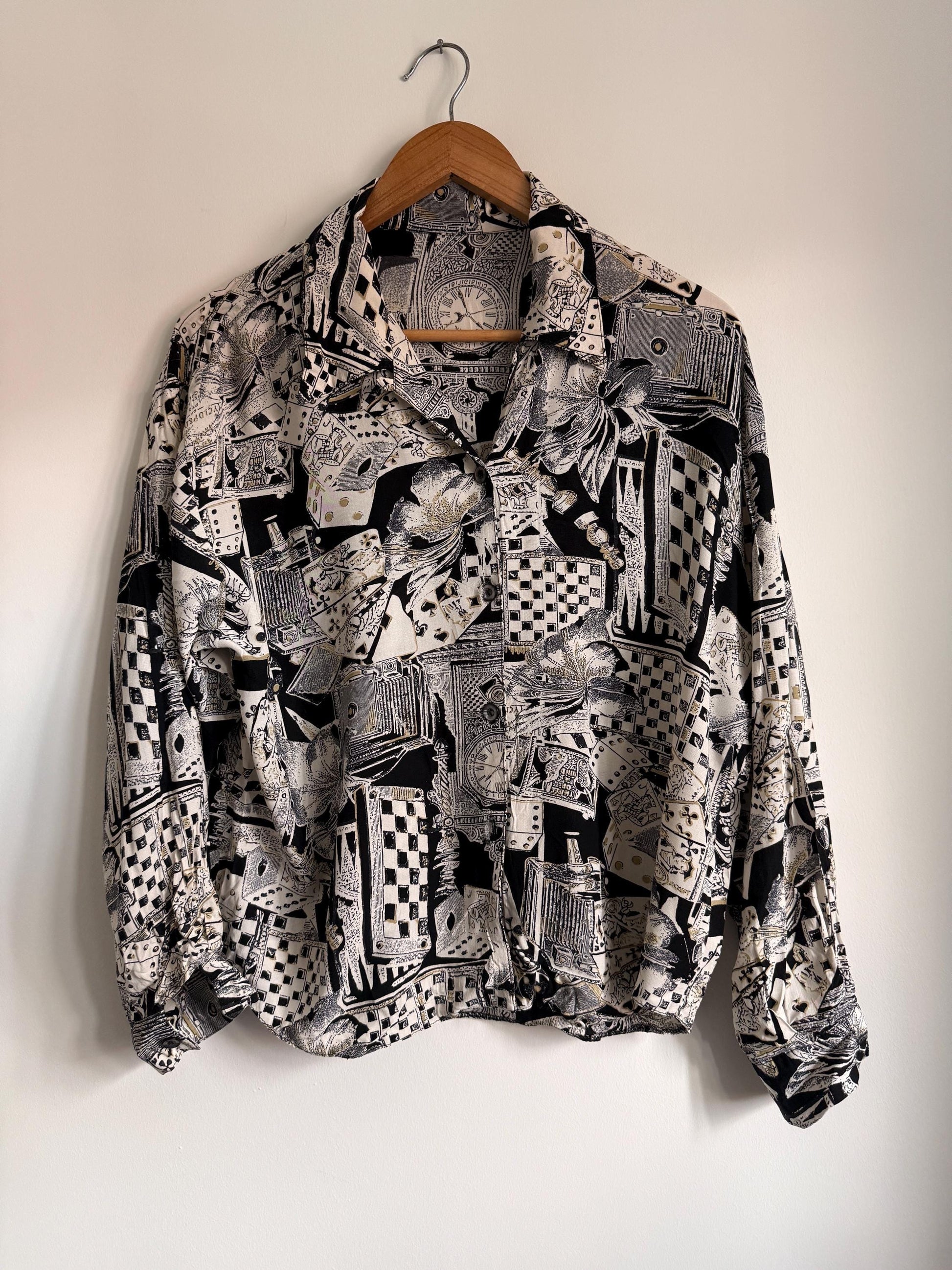 Vintage Novelty Print Blouse | 90s Playing Cards Chess Print Shirt | Black & White Oversized Button Up | Alice in Wonderland Aesthetic Top