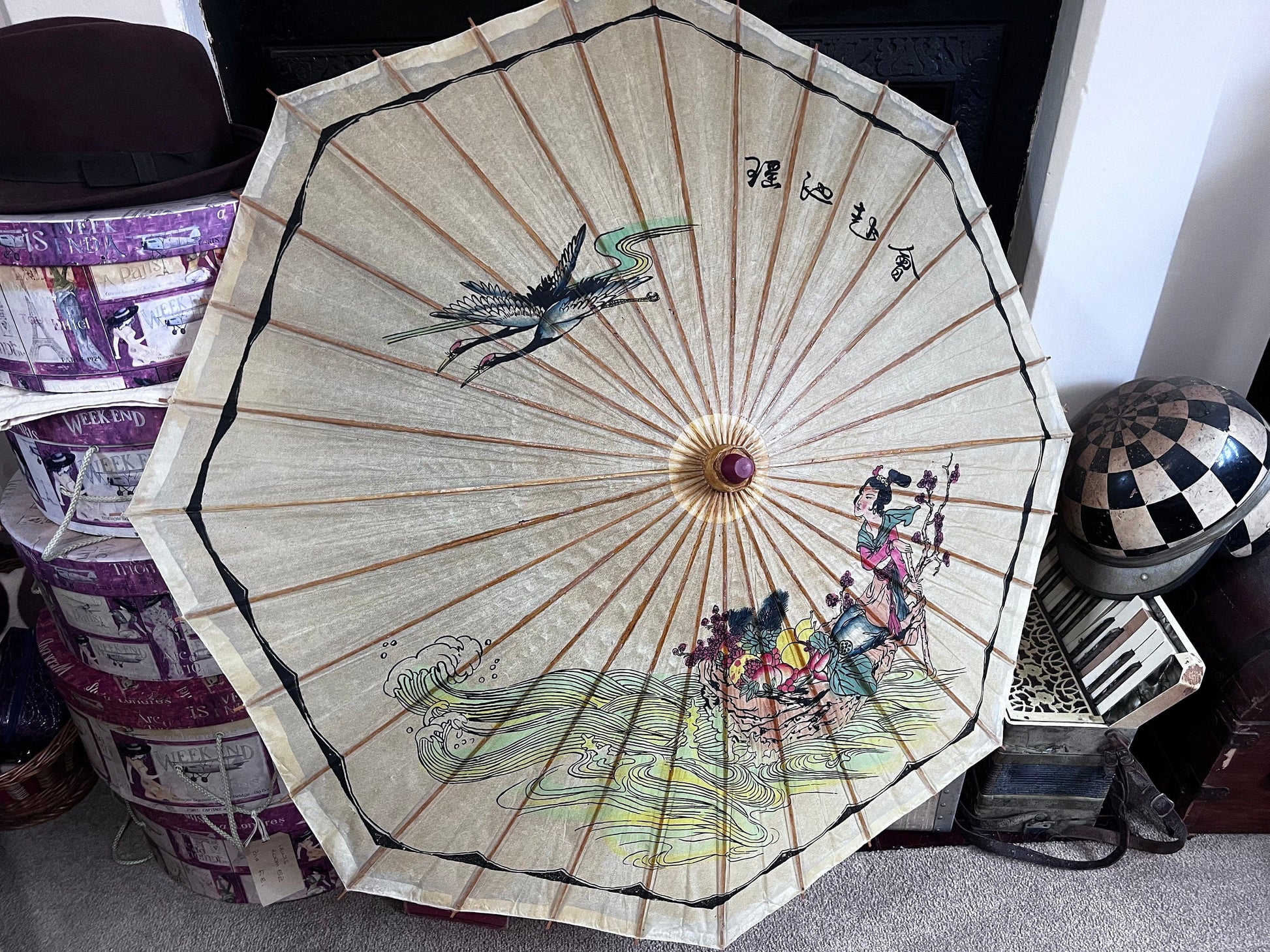 Vintage Parasol hand painted paper 1930s patterned hand painted Chinese crane parasol