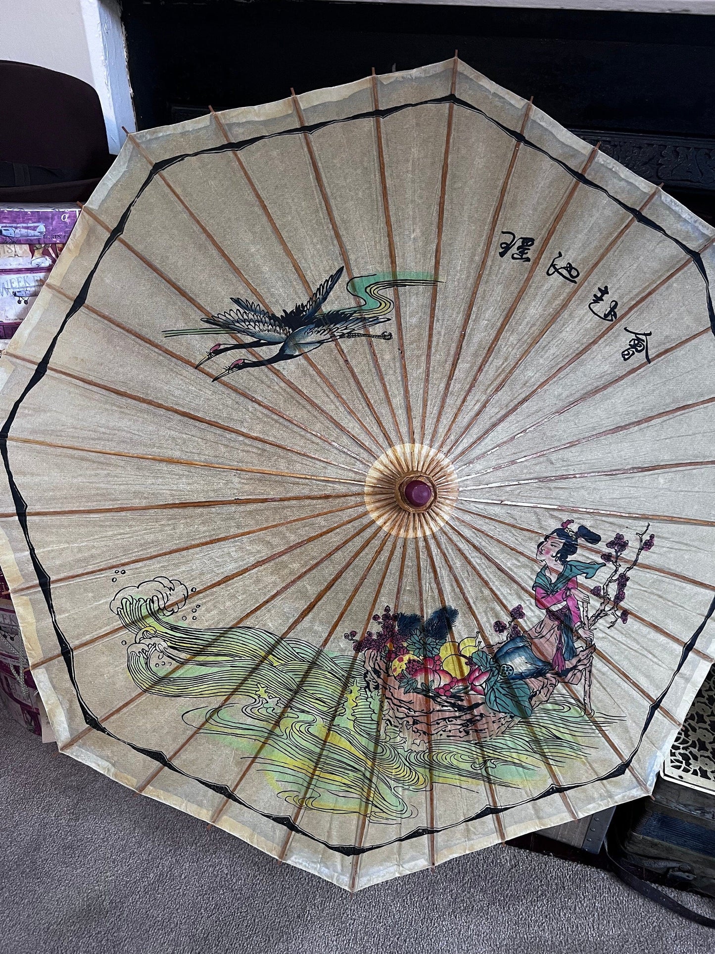 Vintage Parasol hand painted paper 1930s patterned hand painted Chinese crane parasol