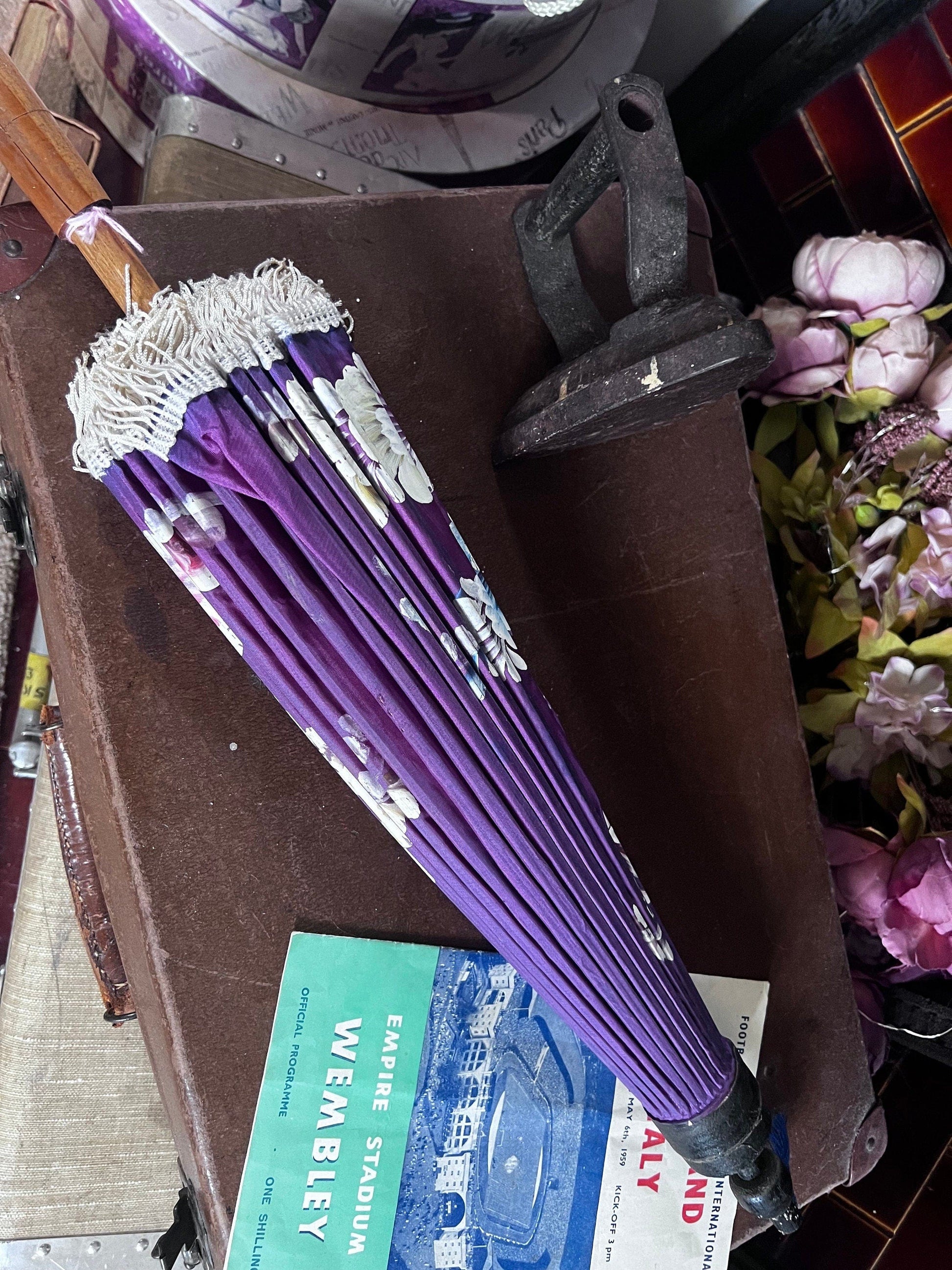 Vintage Parasol Purple hand painted 1930s patterned hand painted floral purple parasol