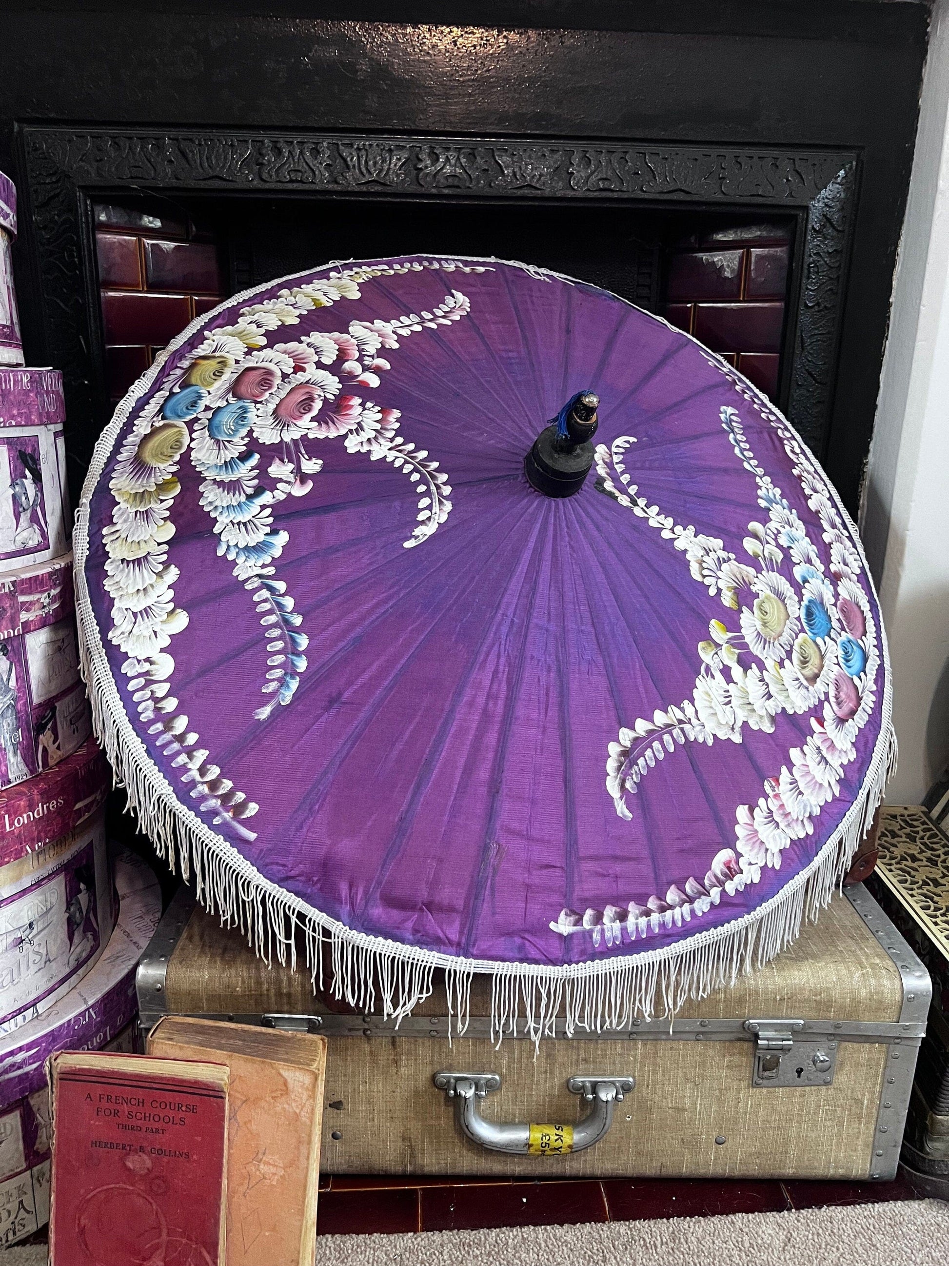 Vintage Parasol Purple hand painted 1930s patterned hand painted floral purple parasol