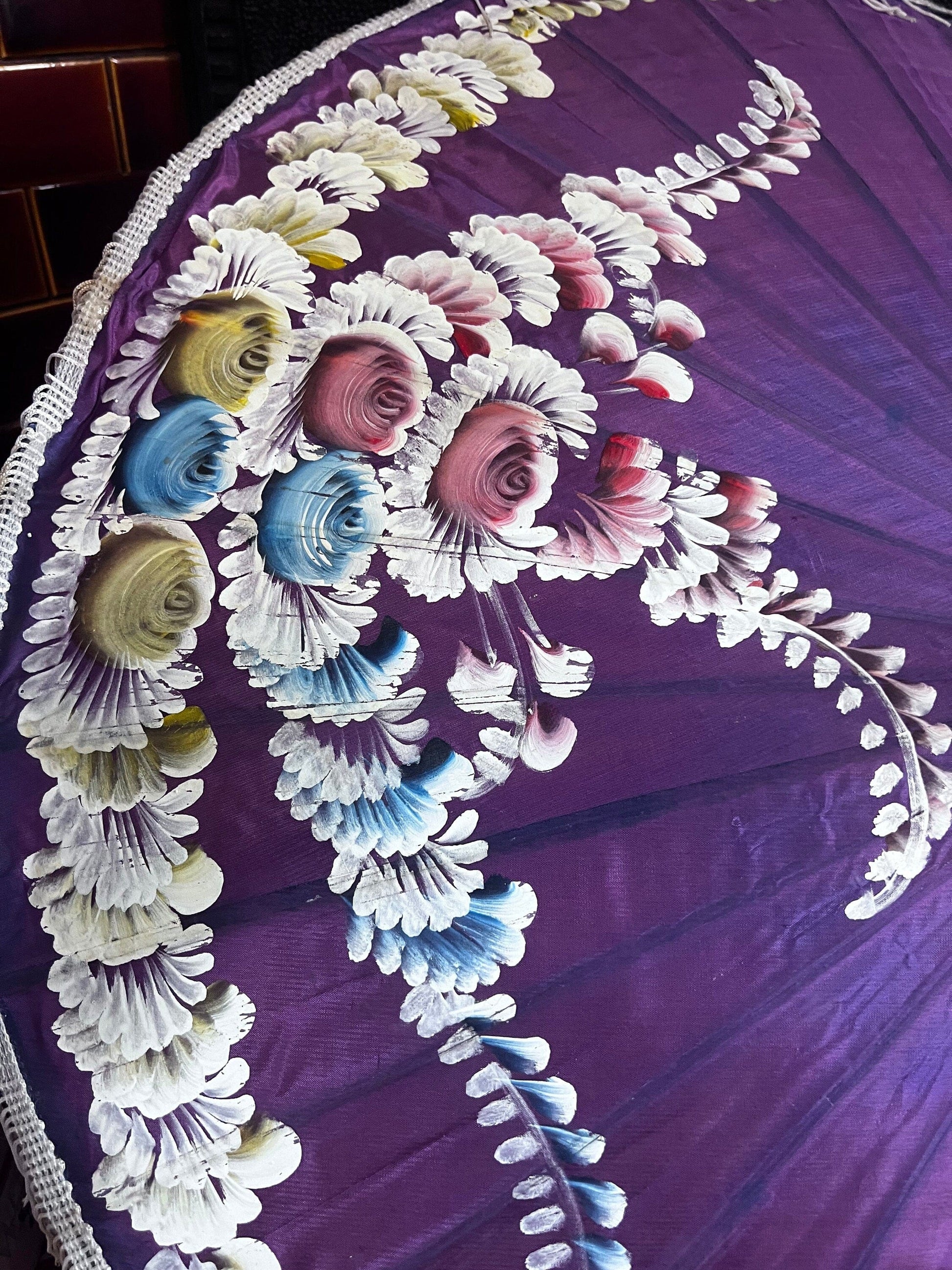 Vintage Parasol Purple hand painted 1930s patterned hand painted floral purple parasol