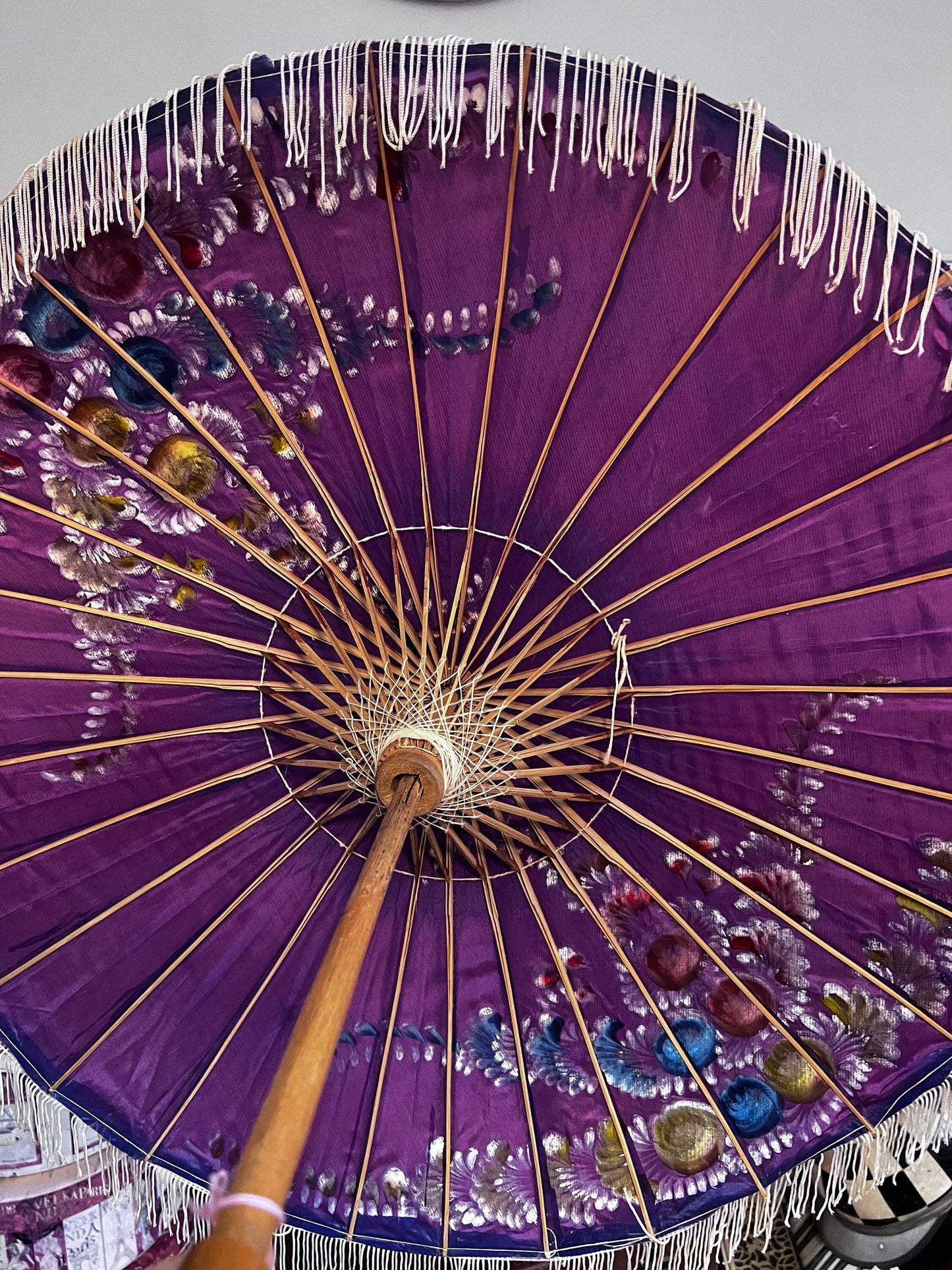 Vintage Parasol Purple hand painted 1930s patterned hand painted floral purple parasol