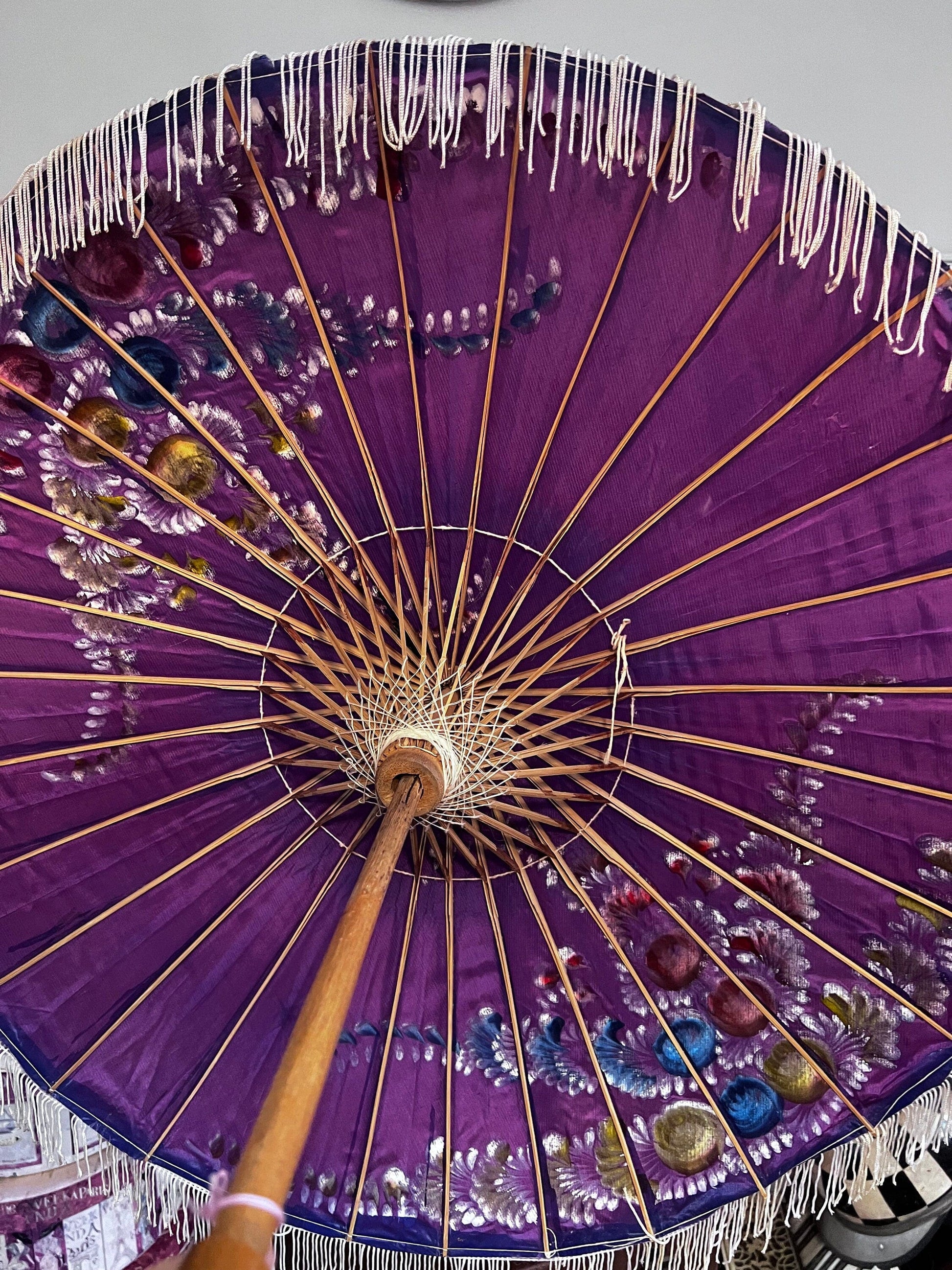 Vintage Parasol Purple hand painted 1930s patterned hand painted floral purple parasol