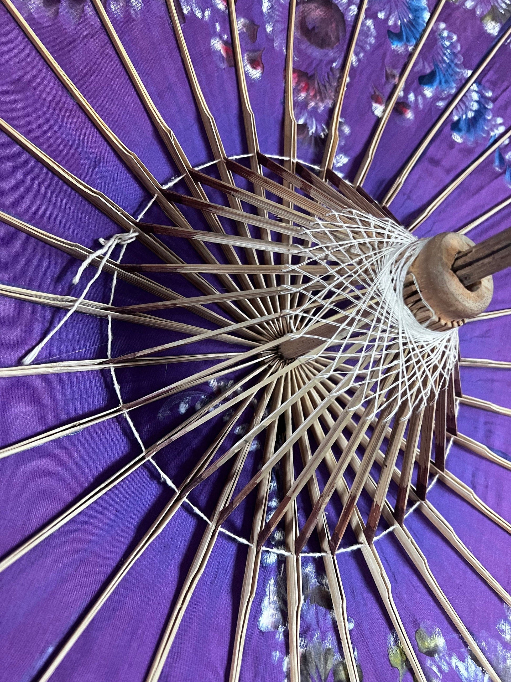Vintage Parasol Purple hand painted 1930s patterned hand painted floral purple parasol