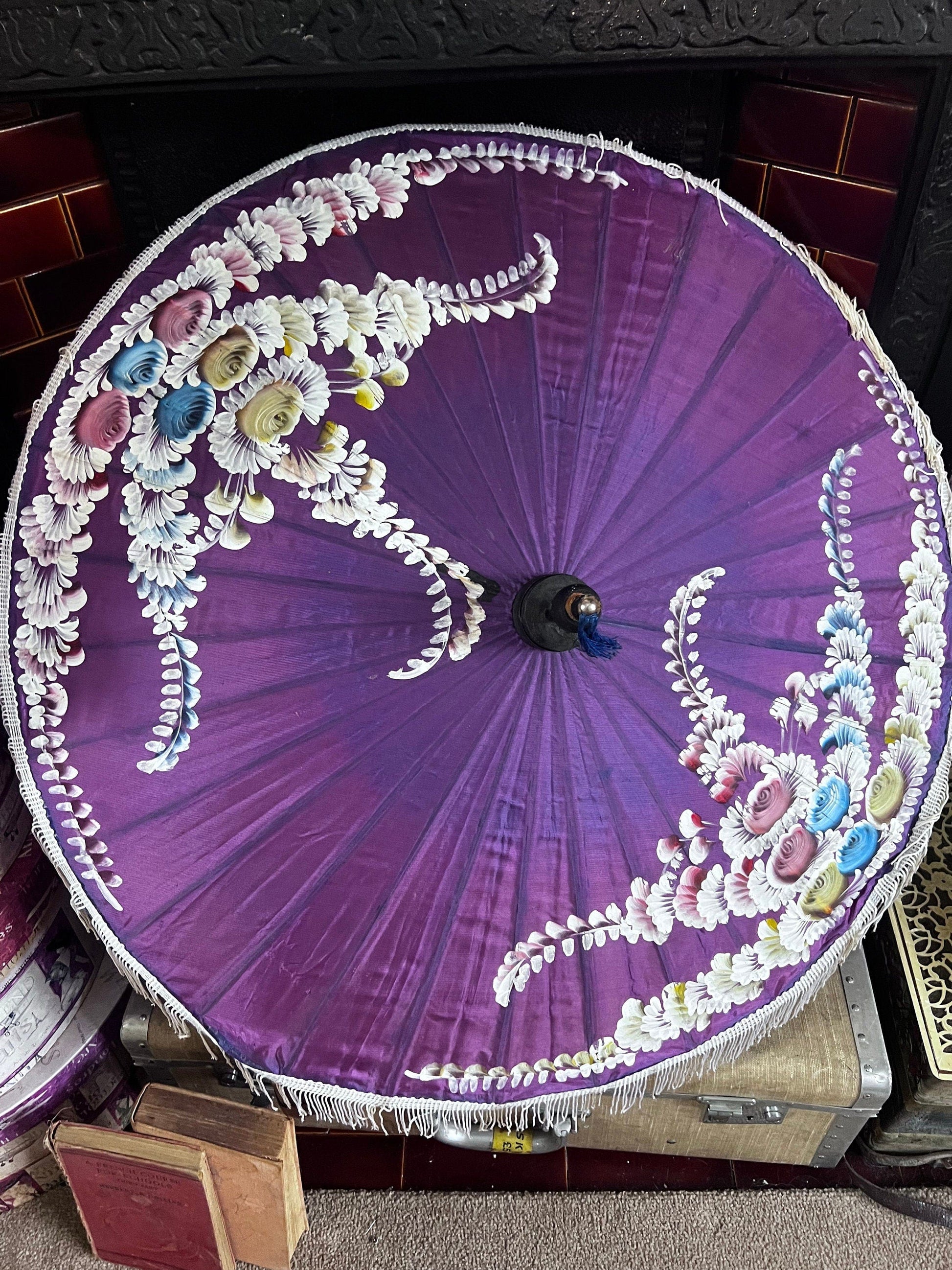 Vintage Parasol Purple hand painted 1930s patterned hand painted floral purple parasol