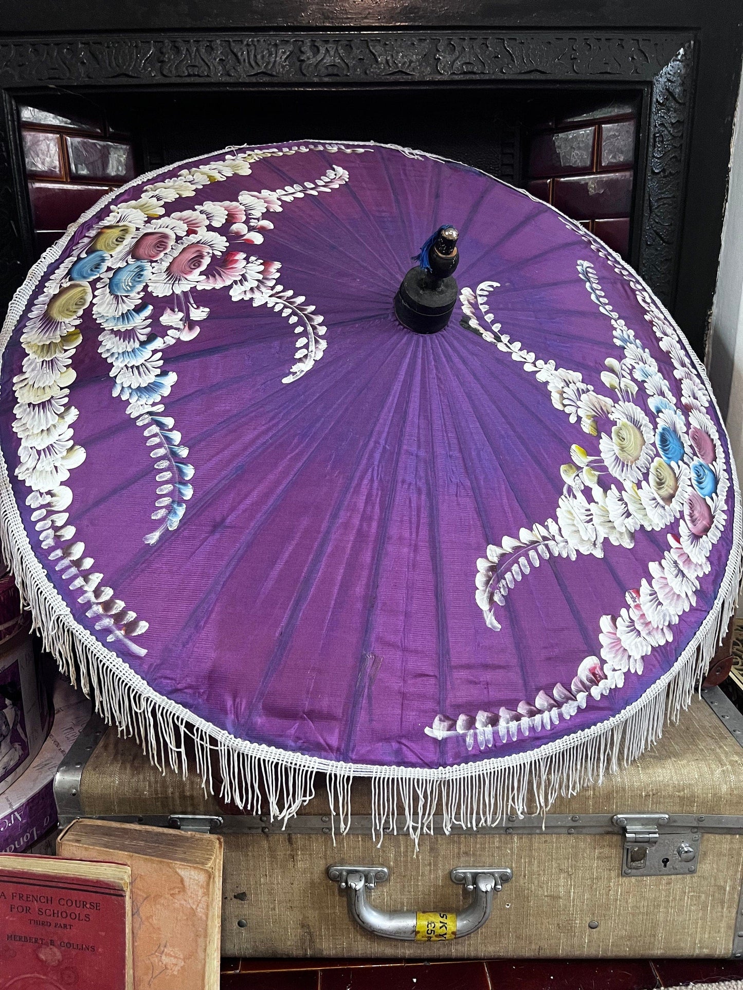 Vintage Parasol Purple hand painted 1930s patterned hand painted floral purple parasol