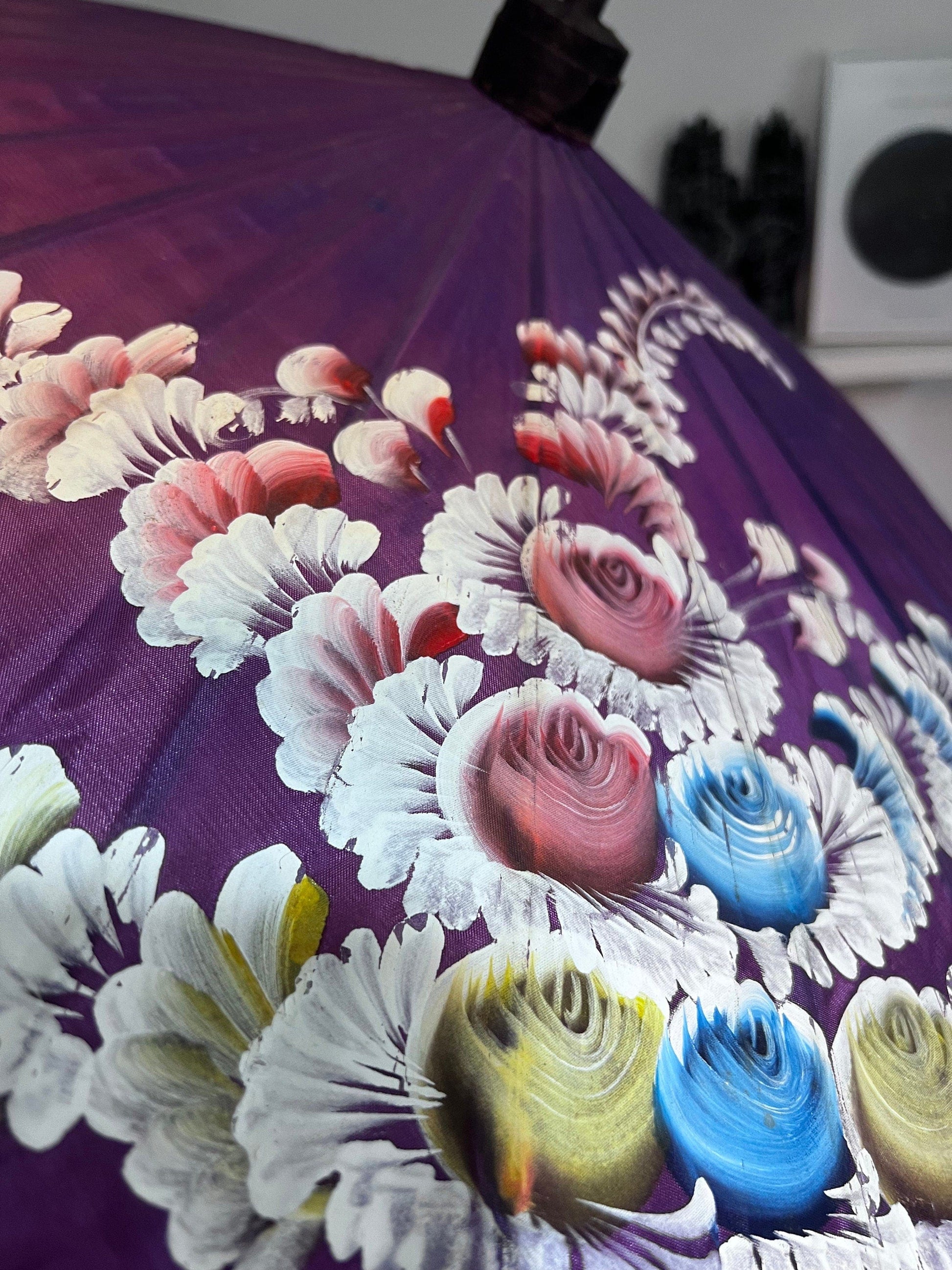 Vintage Parasol Purple hand painted 1930s patterned hand painted floral purple parasol