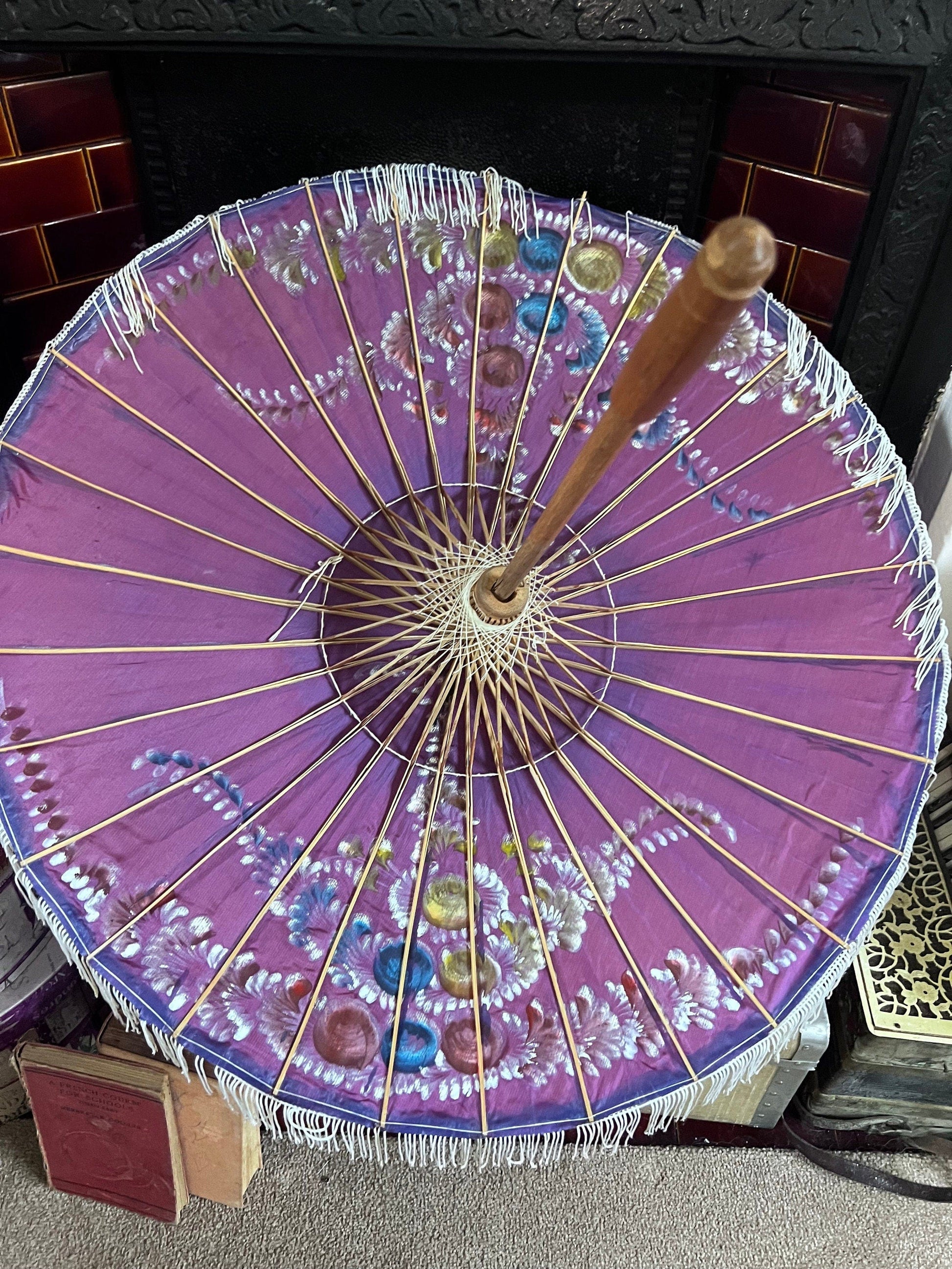 Vintage Parasol Purple hand painted 1930s patterned hand painted floral purple parasol