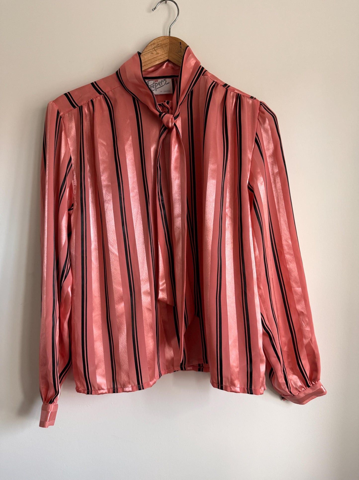 Vintage Peepers of London Pink Satin Pussy Bow Blouse UK 12 | 80s Secretary Chic