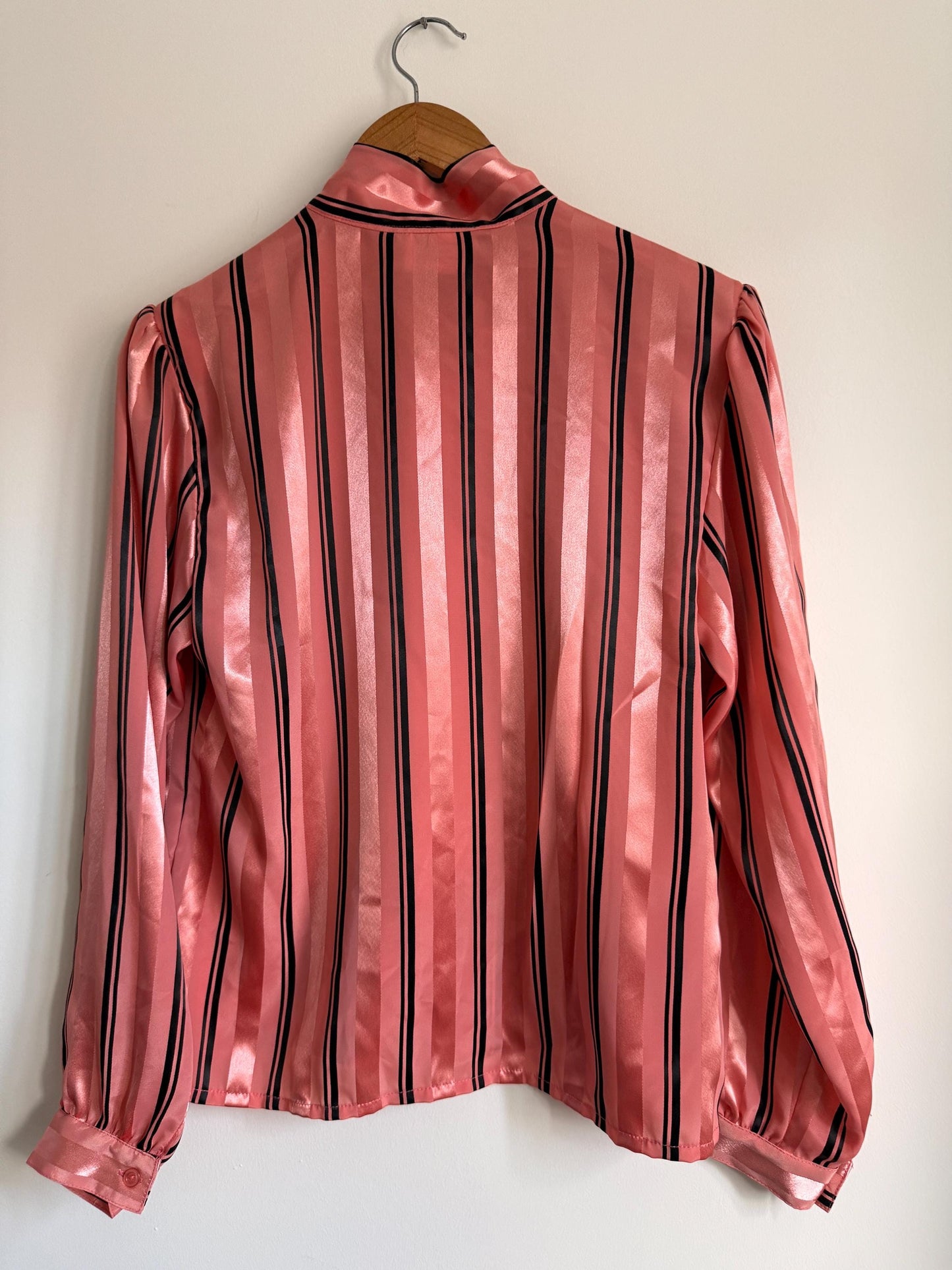 Vintage Peepers of London Pink Satin Pussy Bow Blouse UK 12 | 80s Secretary Chic