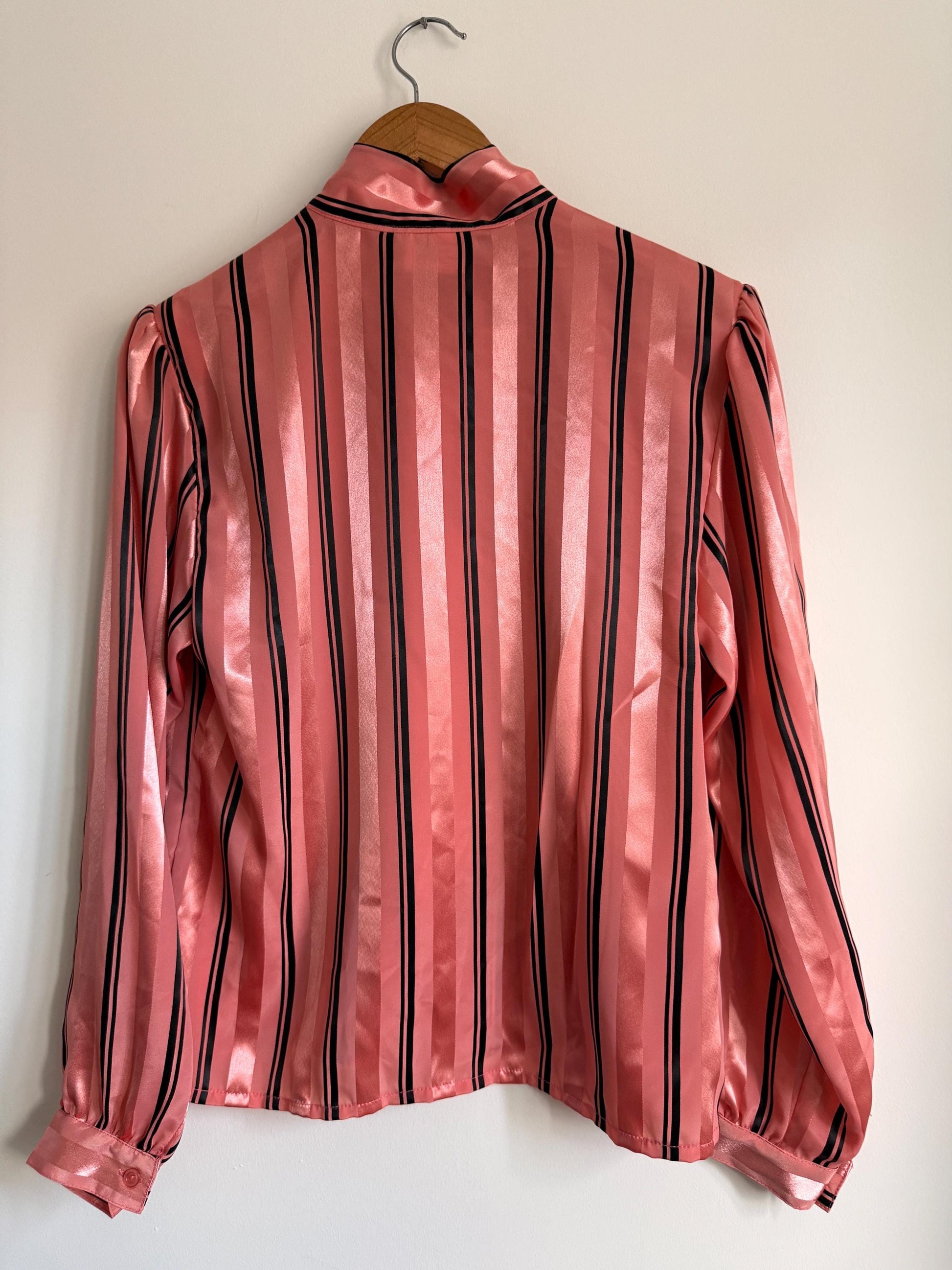 Vintage Peepers of London Pink Satin Pussy Bow Blouse UK 12 | 80s Secretary Chic