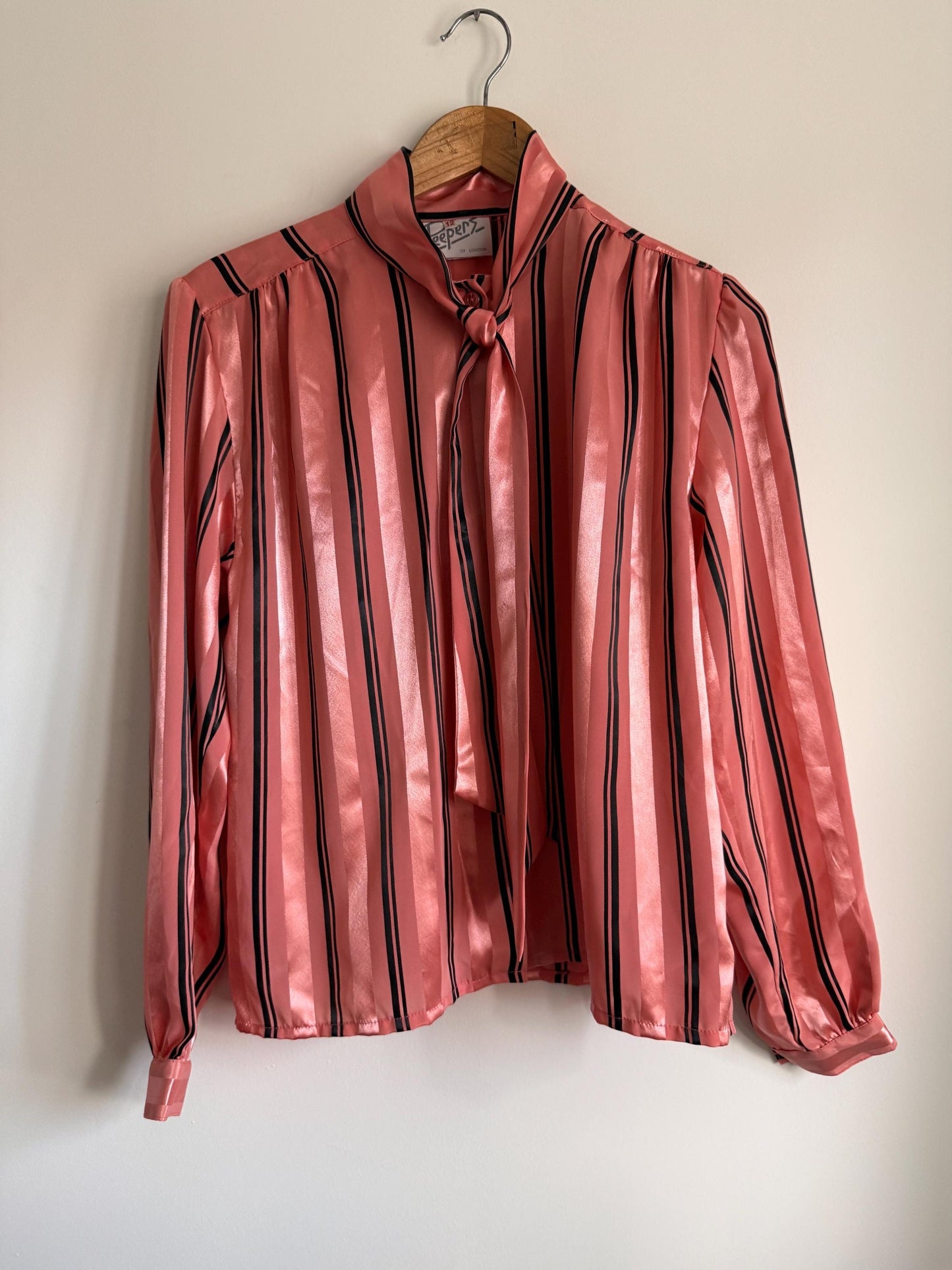 Vintage Peepers of London Pink Satin Pussy Bow Blouse UK 12 | 80s Secretary Chic