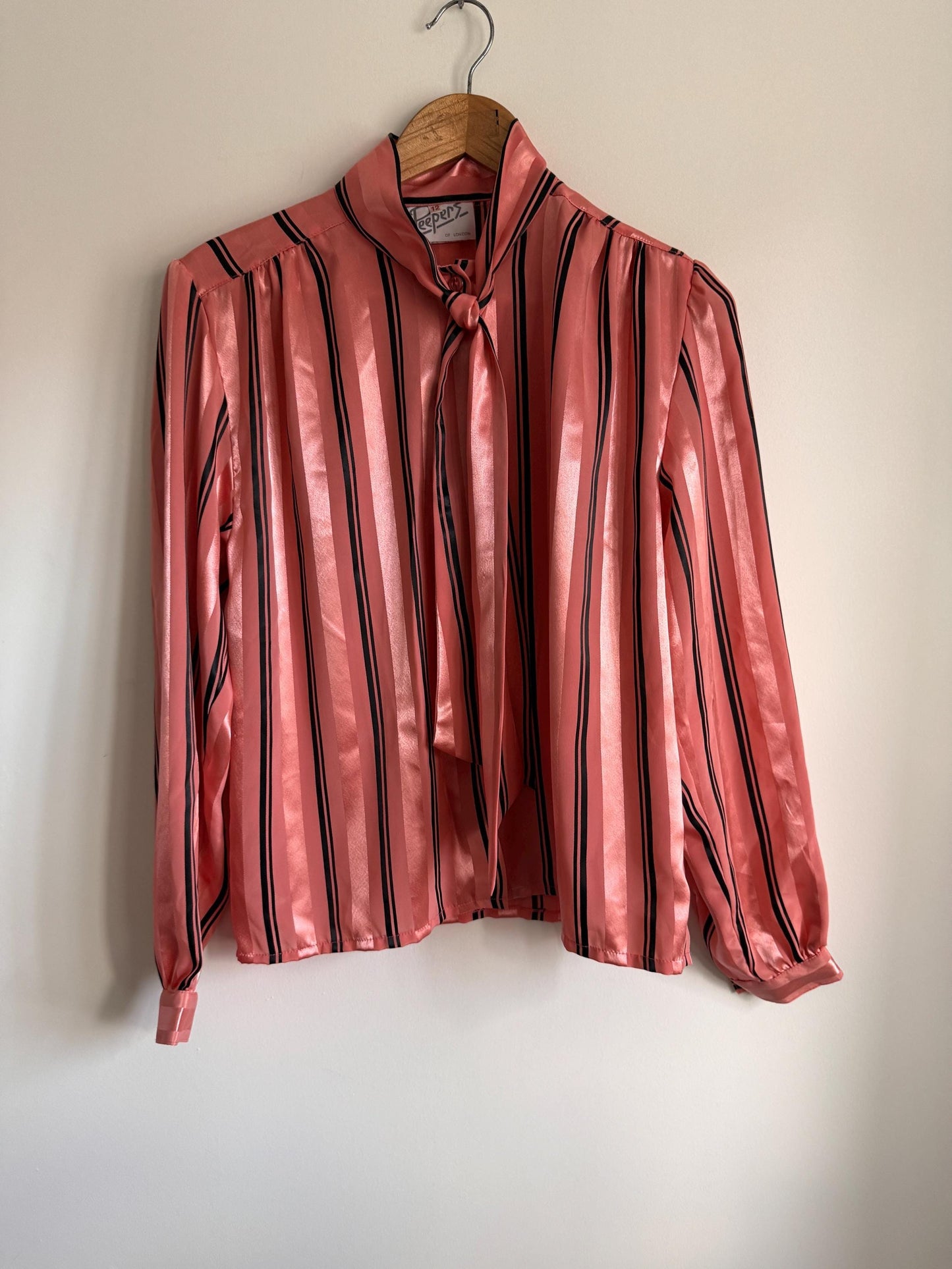 Vintage Peepers of London Pink Satin Pussy Bow Blouse UK 12 | 80s Secretary Chic