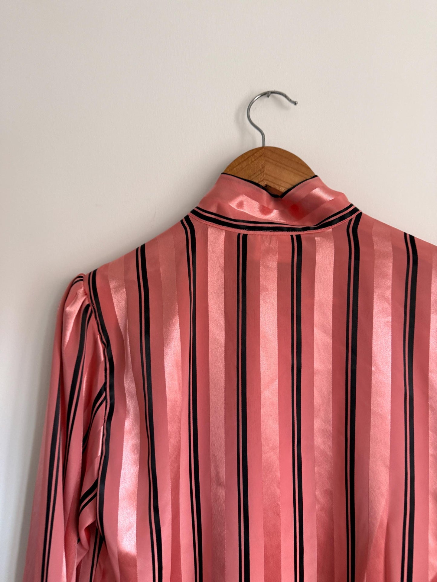 Vintage Peepers of London Pink Satin Pussy Bow Blouse UK 12 | 80s Secretary Chic