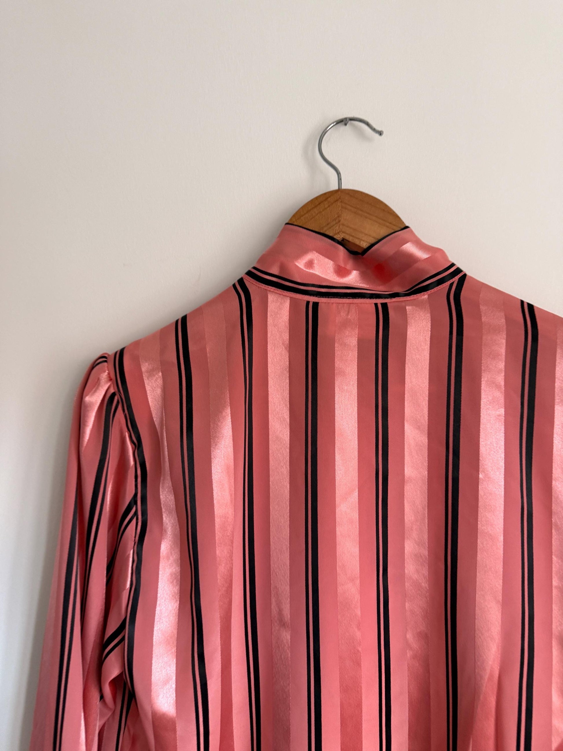 Vintage Peepers of London Pink Satin Pussy Bow Blouse UK 12 | 80s Secretary Chic