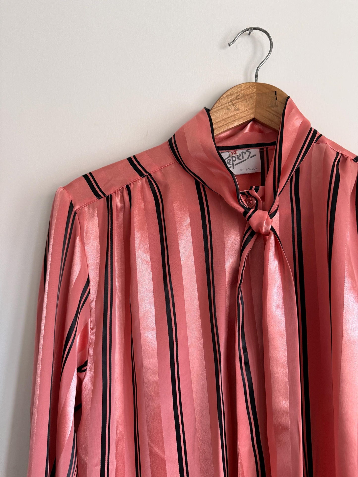 Vintage Peepers of London Pink Satin Pussy Bow Blouse UK 12 | 80s Secretary Chic