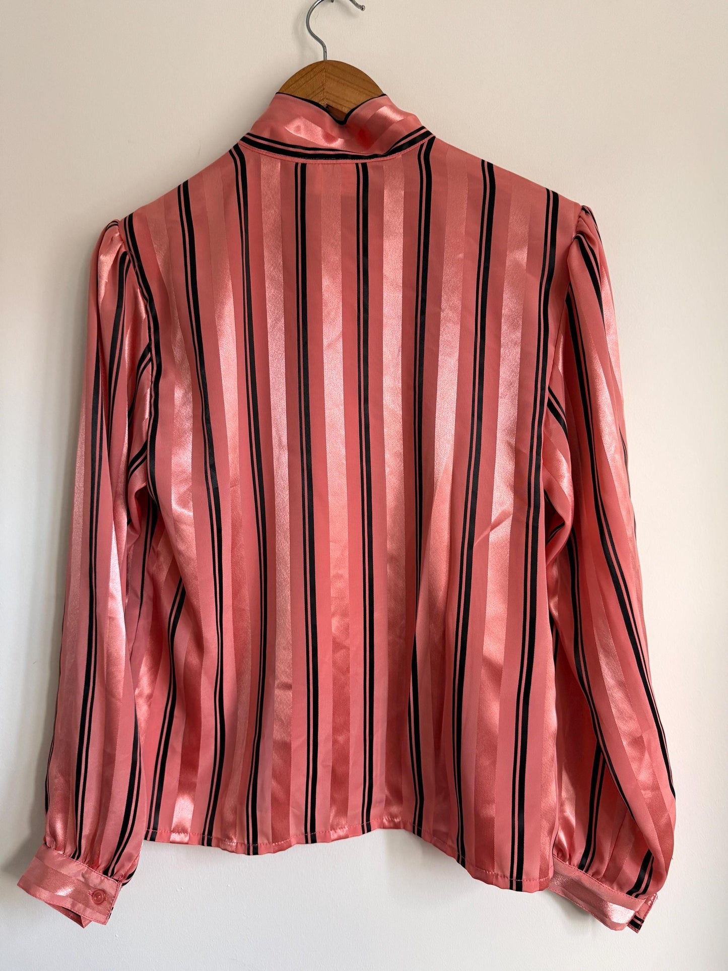 Vintage Peepers of London Pink Satin Pussy Bow Blouse UK 12 | 80s Secretary Chic