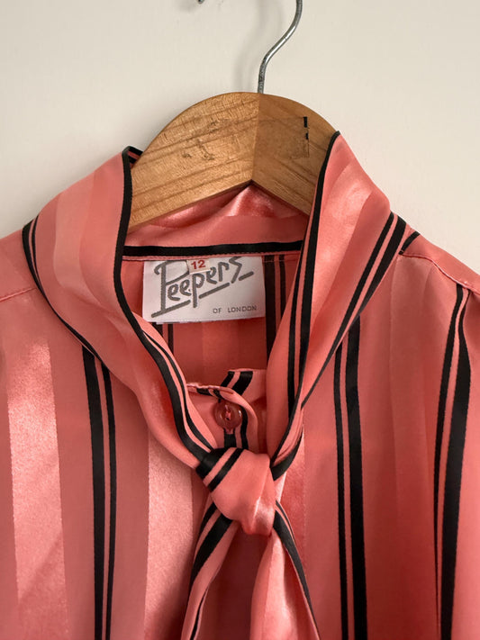 Vintage Peepers of London Pink Satin Pussy Bow Blouse UK 12 | 80s Secretary Chic