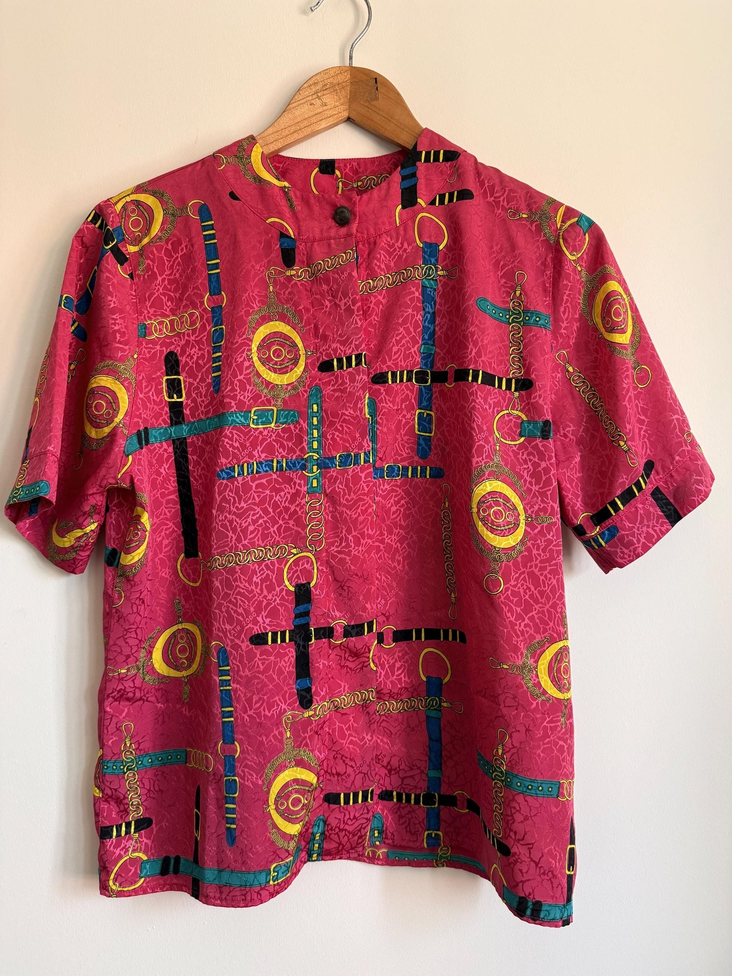 Vintage Pink Equestrian Print Blouse | Horse Bit Chain Print Top | 1980s Statement Blouse | Retro Pink Blouse | UK 14