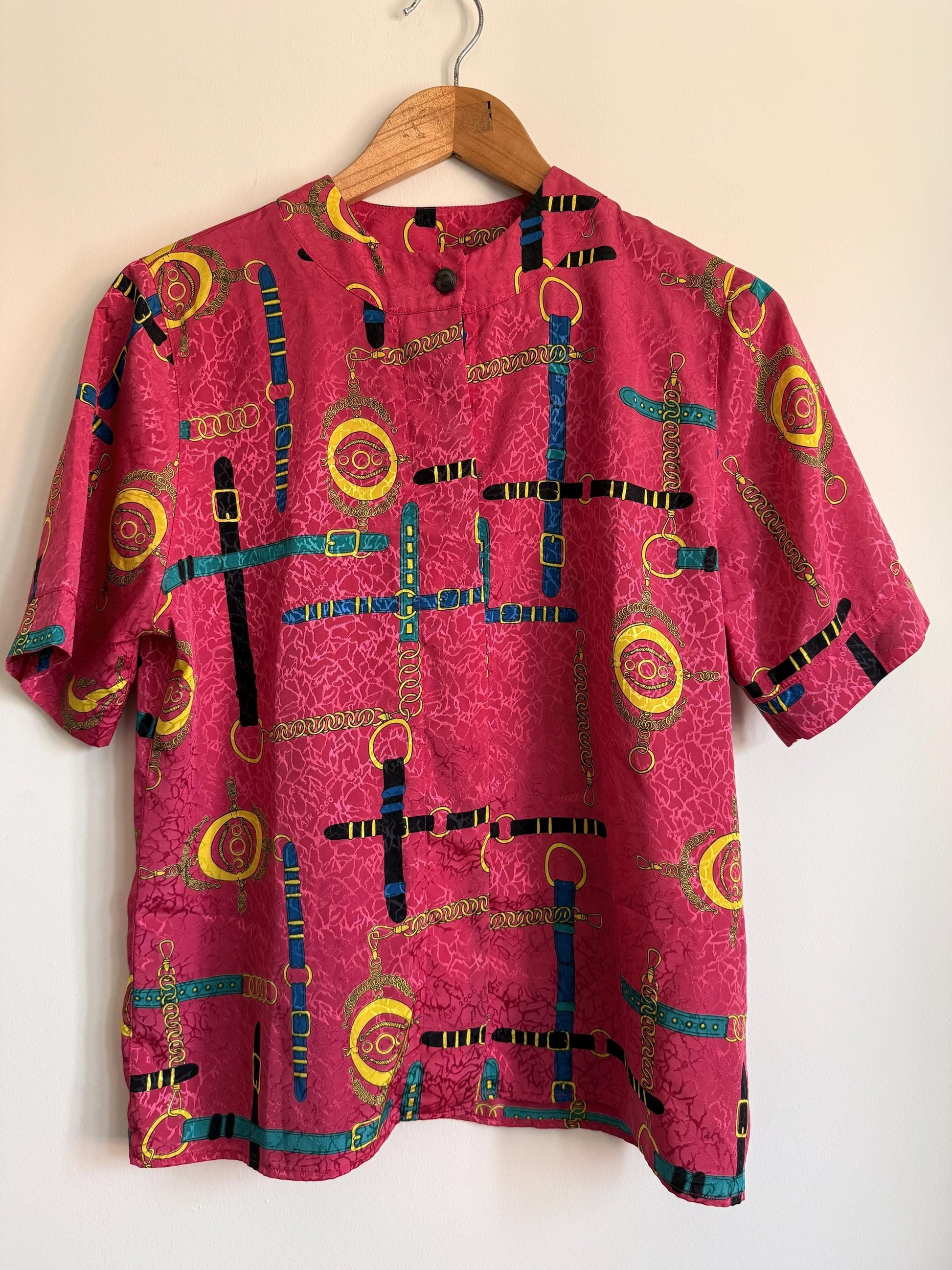Vintage Pink Equestrian Print Blouse | Horse Bit Chain Print Top | 1980s Statement Blouse | Retro Pink Blouse | UK 14