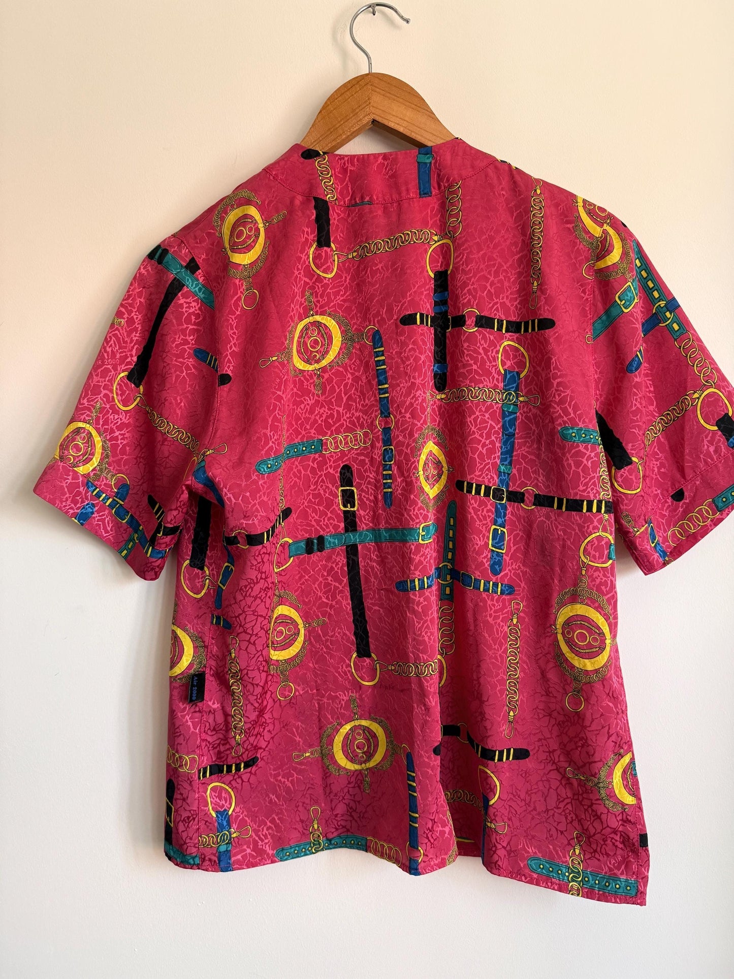 Vintage Pink Equestrian Print Blouse | Horse Bit Chain Print Top | 1980s Statement Blouse | Retro Pink Blouse | UK 14