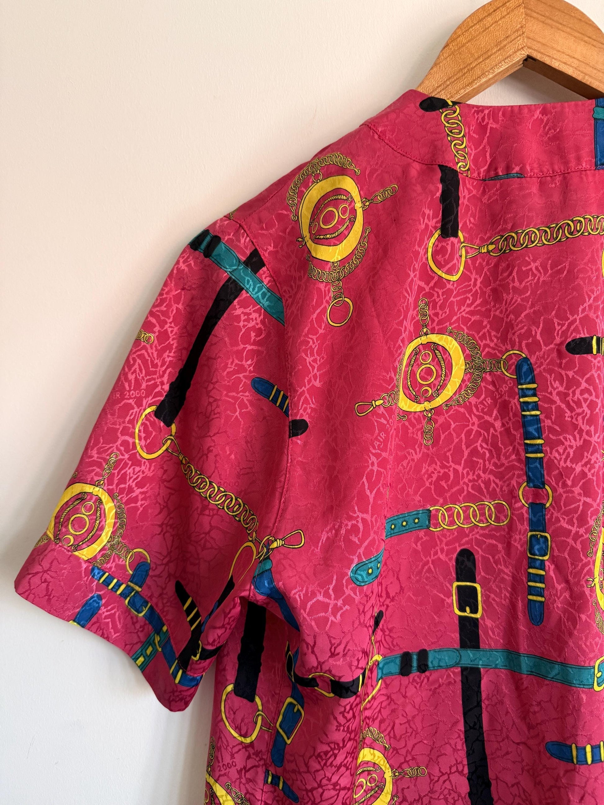 Vintage Pink Equestrian Print Blouse | Horse Bit Chain Print Top | 1980s Statement Blouse | Retro Pink Blouse | UK 14