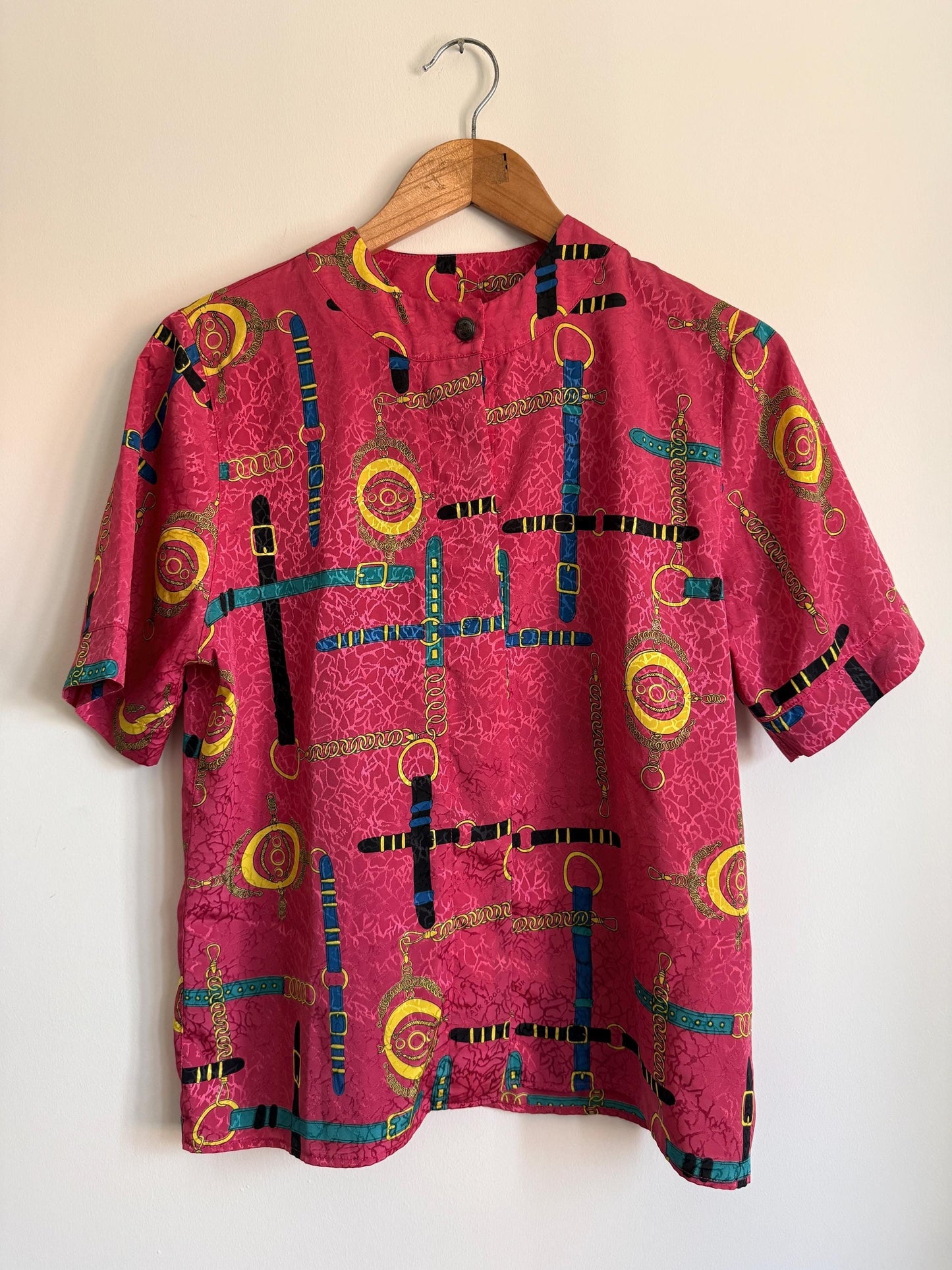 Vintage Pink Equestrian Print Blouse | Horse Bit Chain Print Top | 1980s Statement Blouse | Retro Pink Blouse | UK 14