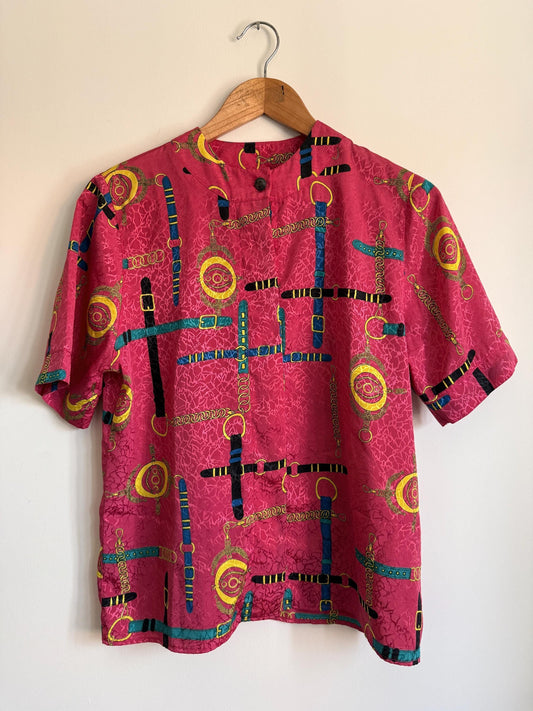 Vintage Pink Equestrian Print Blouse | Horse Bit Chain Print Top | 1980s Statement Blouse | Retro Pink Blouse | UK 14