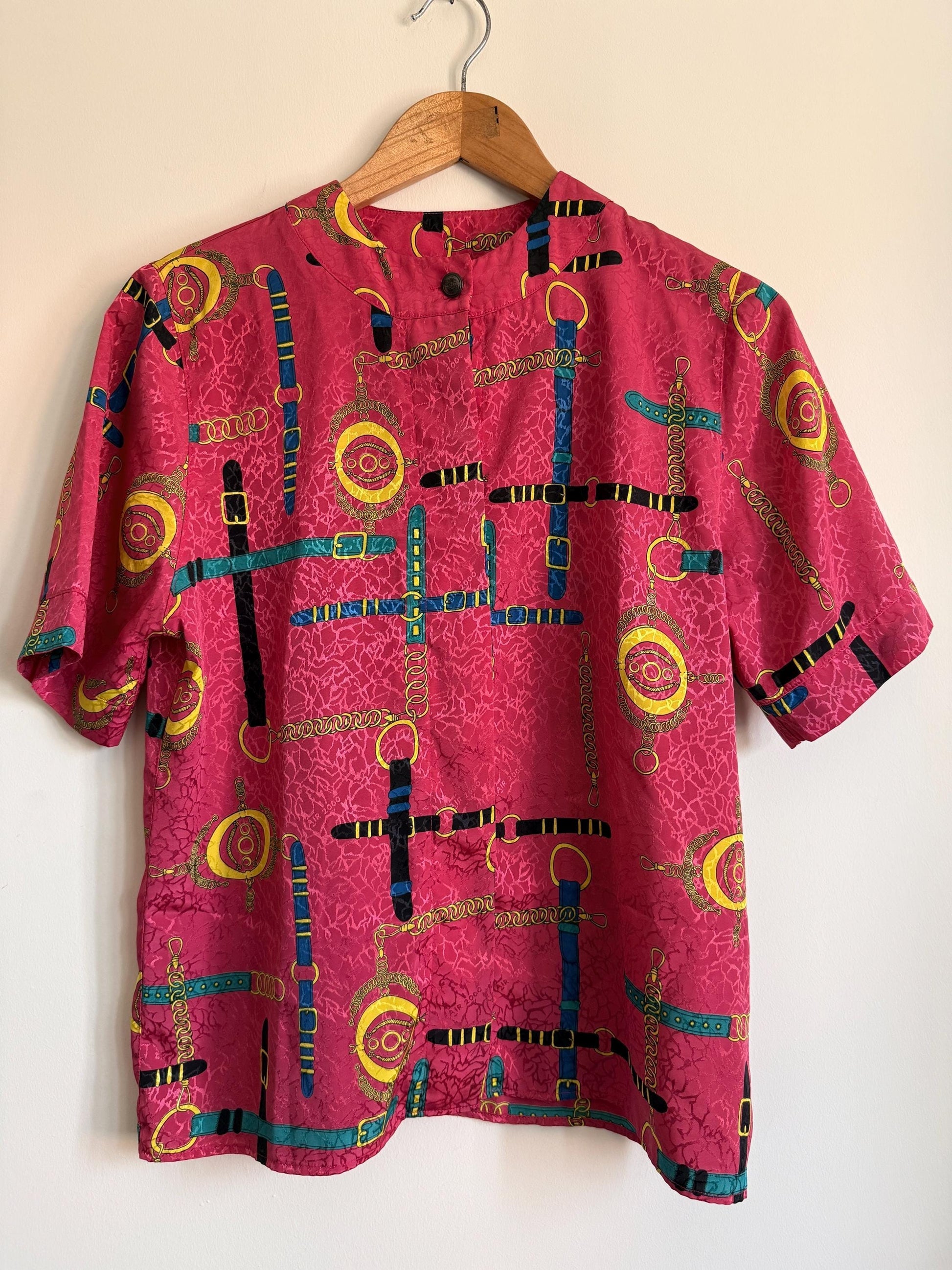 Vintage Pink Equestrian Print Blouse | Horse Bit Chain Print Top | 1980s Statement Blouse | Retro Pink Blouse | UK 14