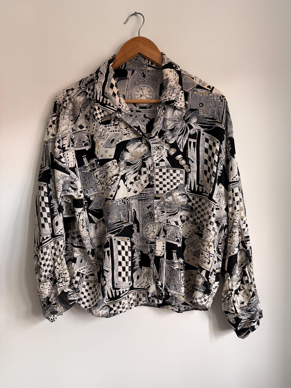 Vintage Novelty Print Blouse | 90s Playing Cards Chess Print Shirt | Black & White Oversized Button Up | Alice in Wonderland Aesthetic Top