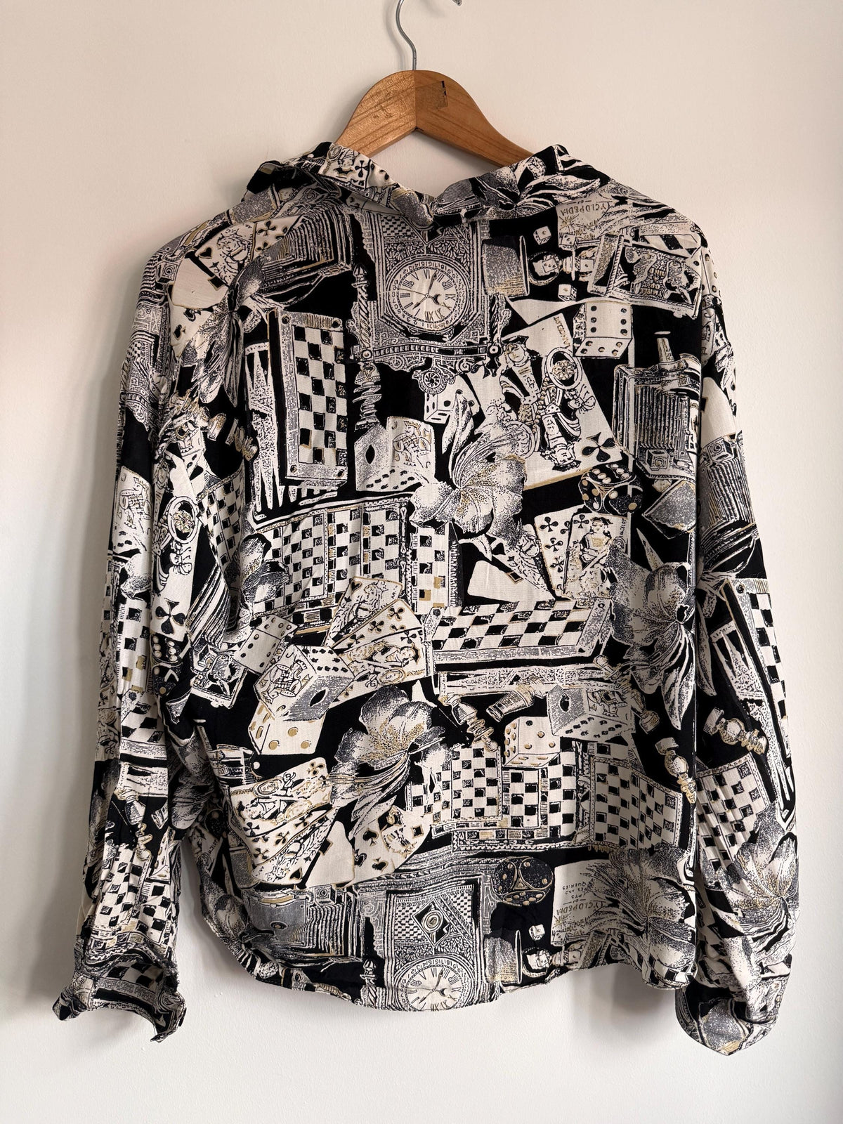 Vintage Novelty Print Blouse | 90s Playing Cards Chess Print Shirt | Black & White Oversized Button Up | Alice in Wonderland Aesthetic Top