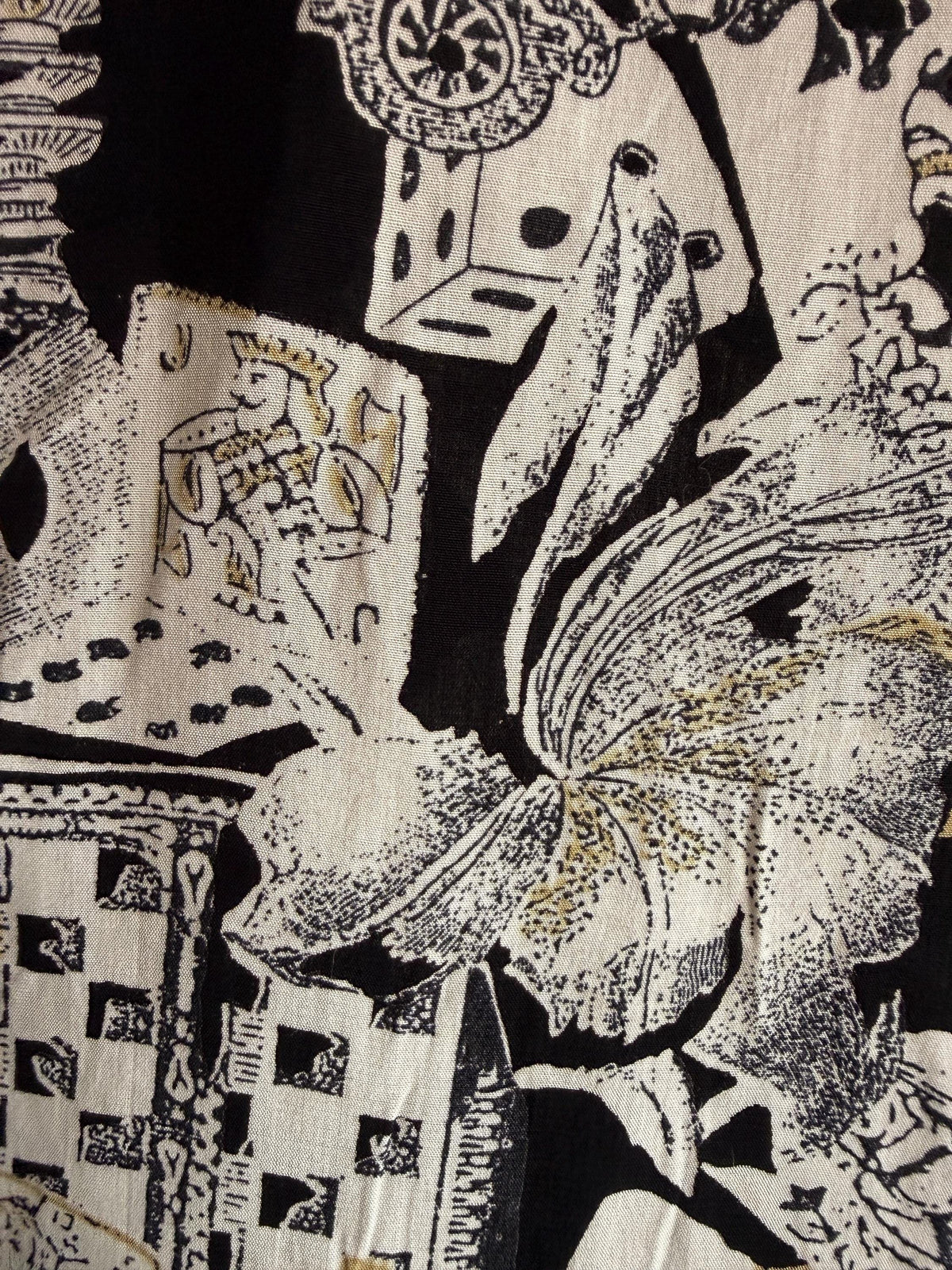 Vintage Novelty Print Blouse | 90s Playing Cards Chess Print Shirt | Black & White Oversized Button Up | Alice in Wonderland Aesthetic Top