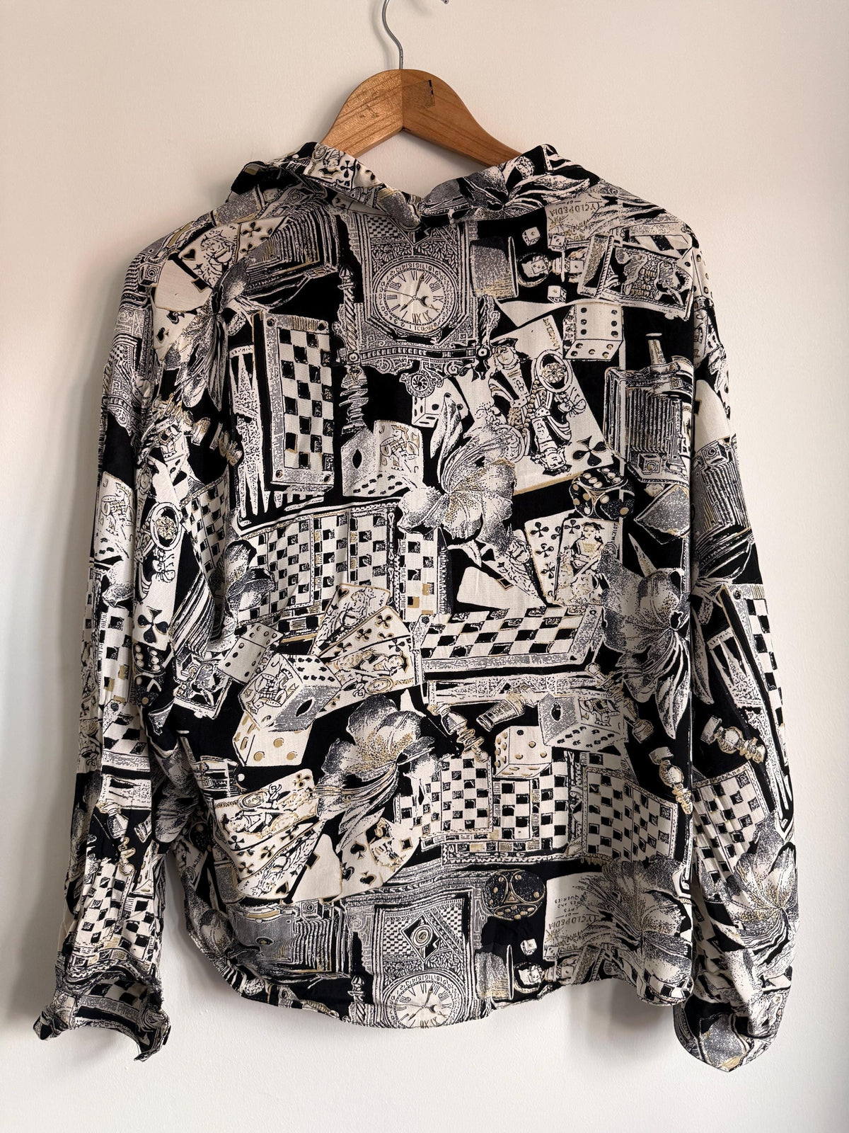 Vintage Novelty Print Blouse | 90s Playing Cards Chess Print Shirt | Black & White Oversized Button Up | Alice in Wonderland Aesthetic Top