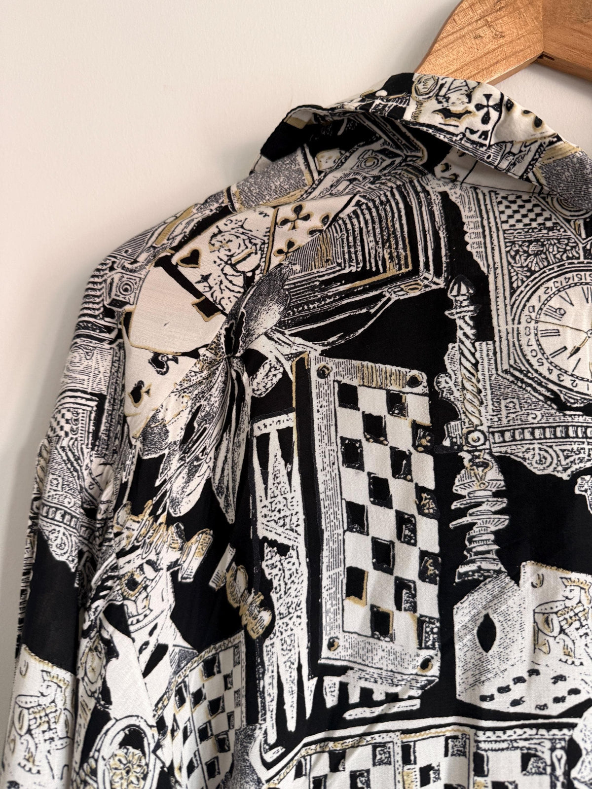 Vintage Novelty Print Blouse | 90s Playing Cards Chess Print Shirt | Black & White Oversized Button Up | Alice in Wonderland Aesthetic Top