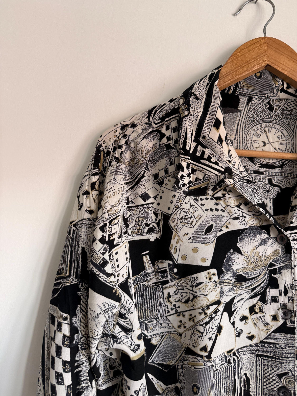 Vintage Novelty Print Blouse | 90s Playing Cards Chess Print Shirt | Black & White Oversized Button Up | Alice in Wonderland Aesthetic Top
